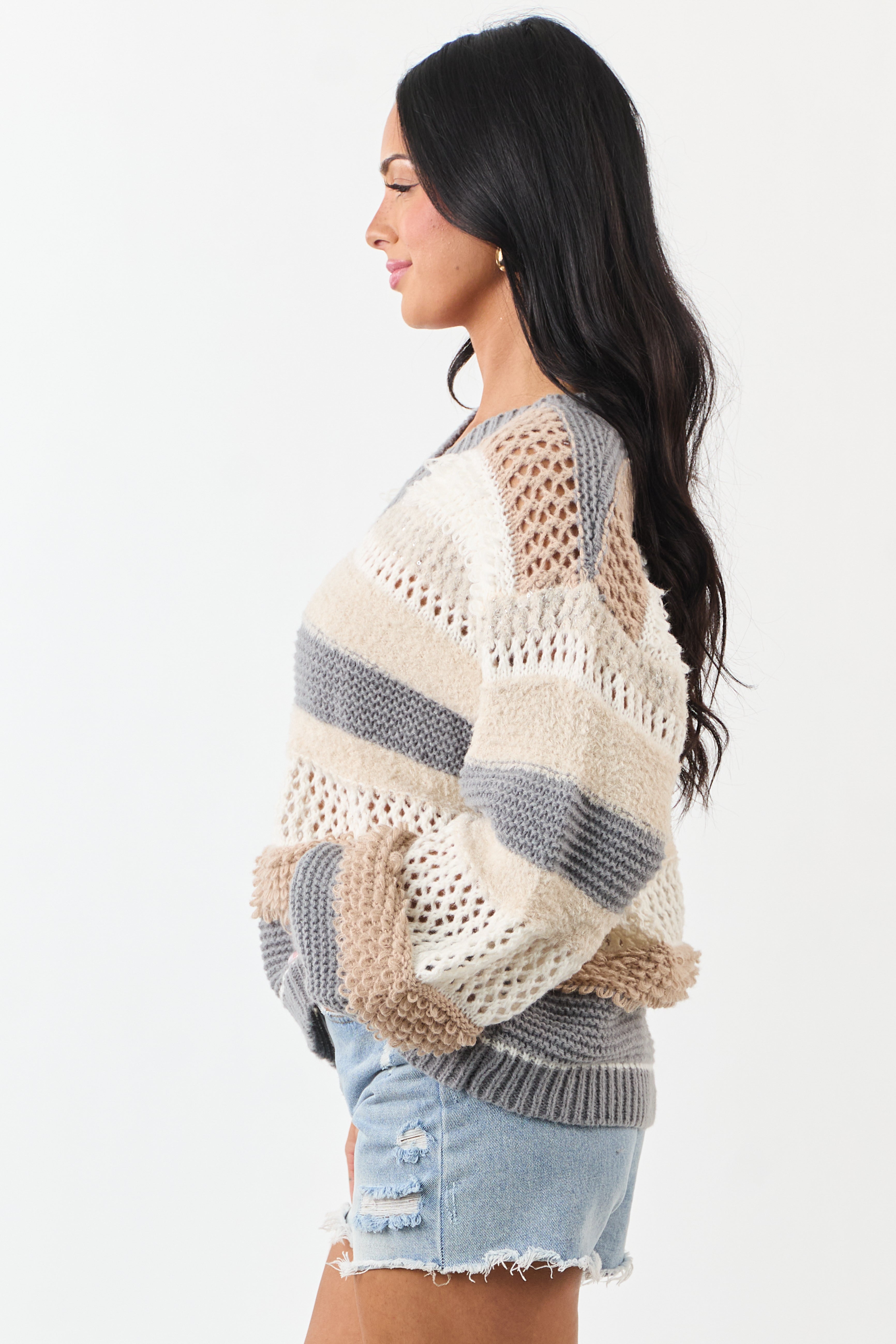 POL Latte Textured Contrast Striped Knit Sweater