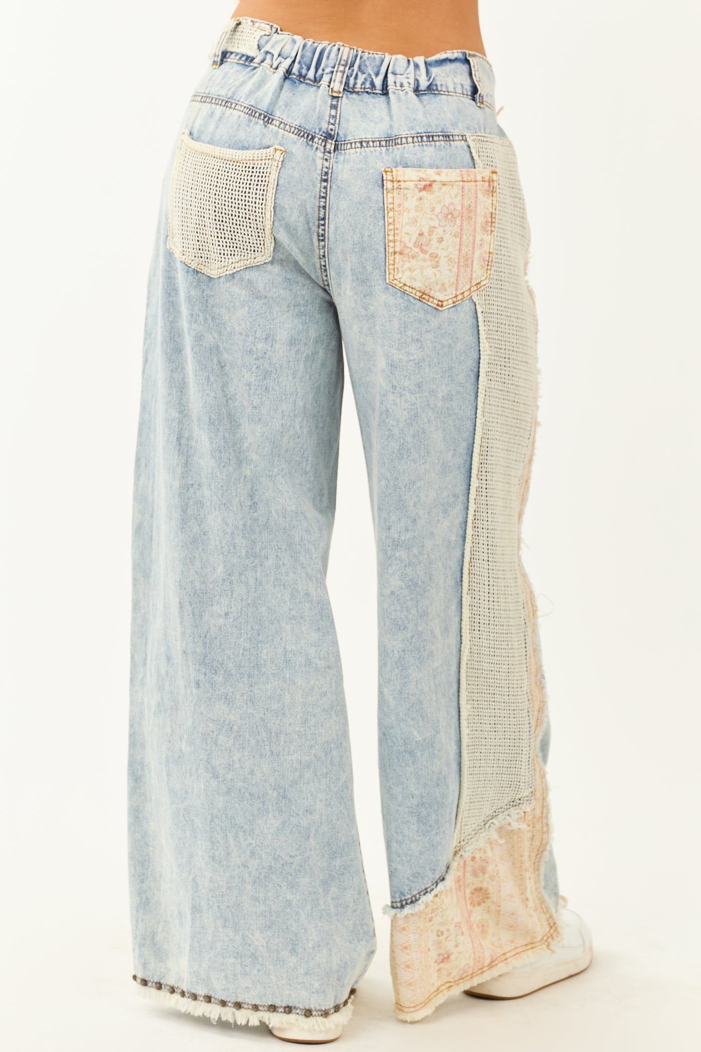 POL Light Acid Wash Denim Wide Leg Patchwork Pants