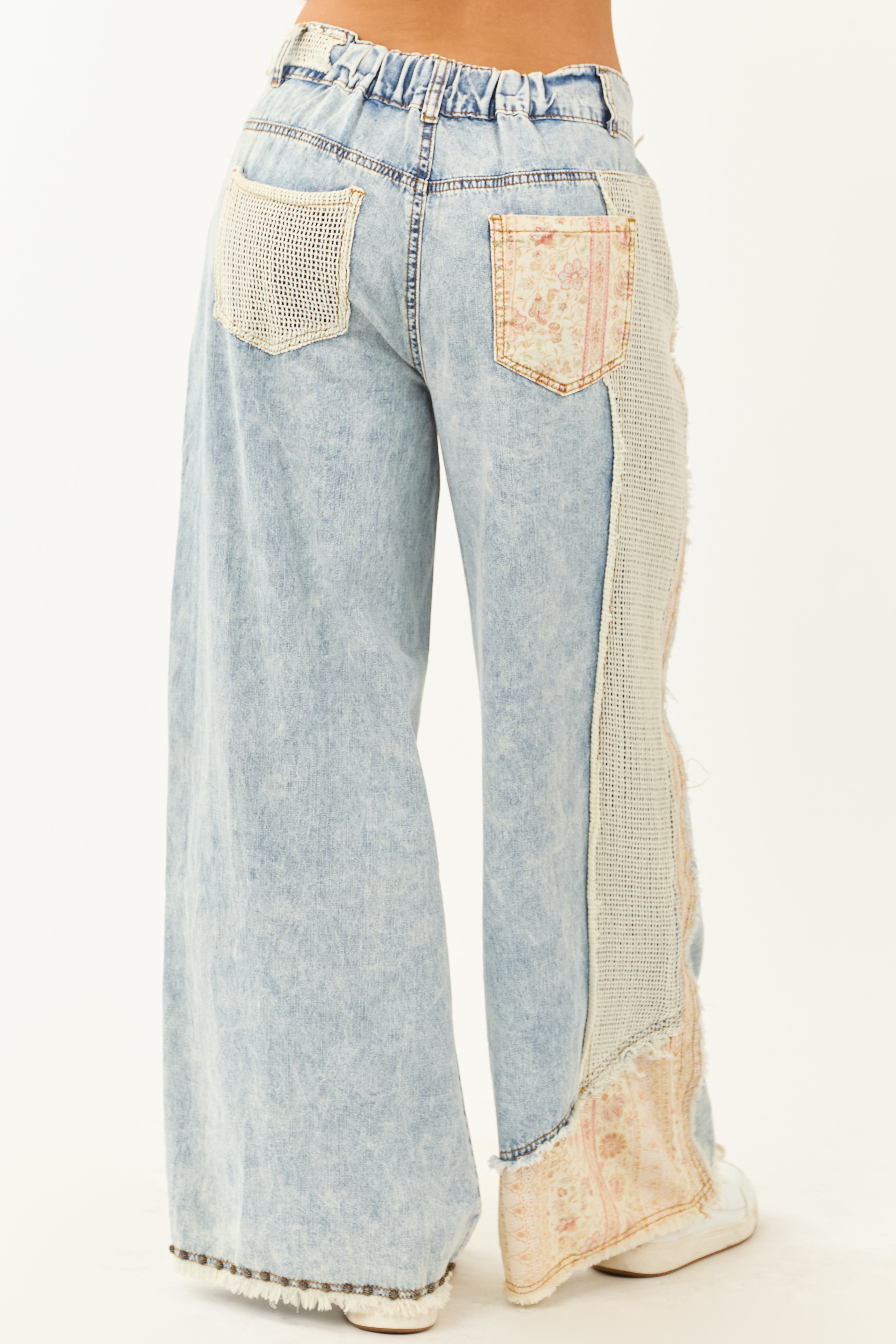 POL Light Acid Wash Denim Wide Leg Patchwork Pants