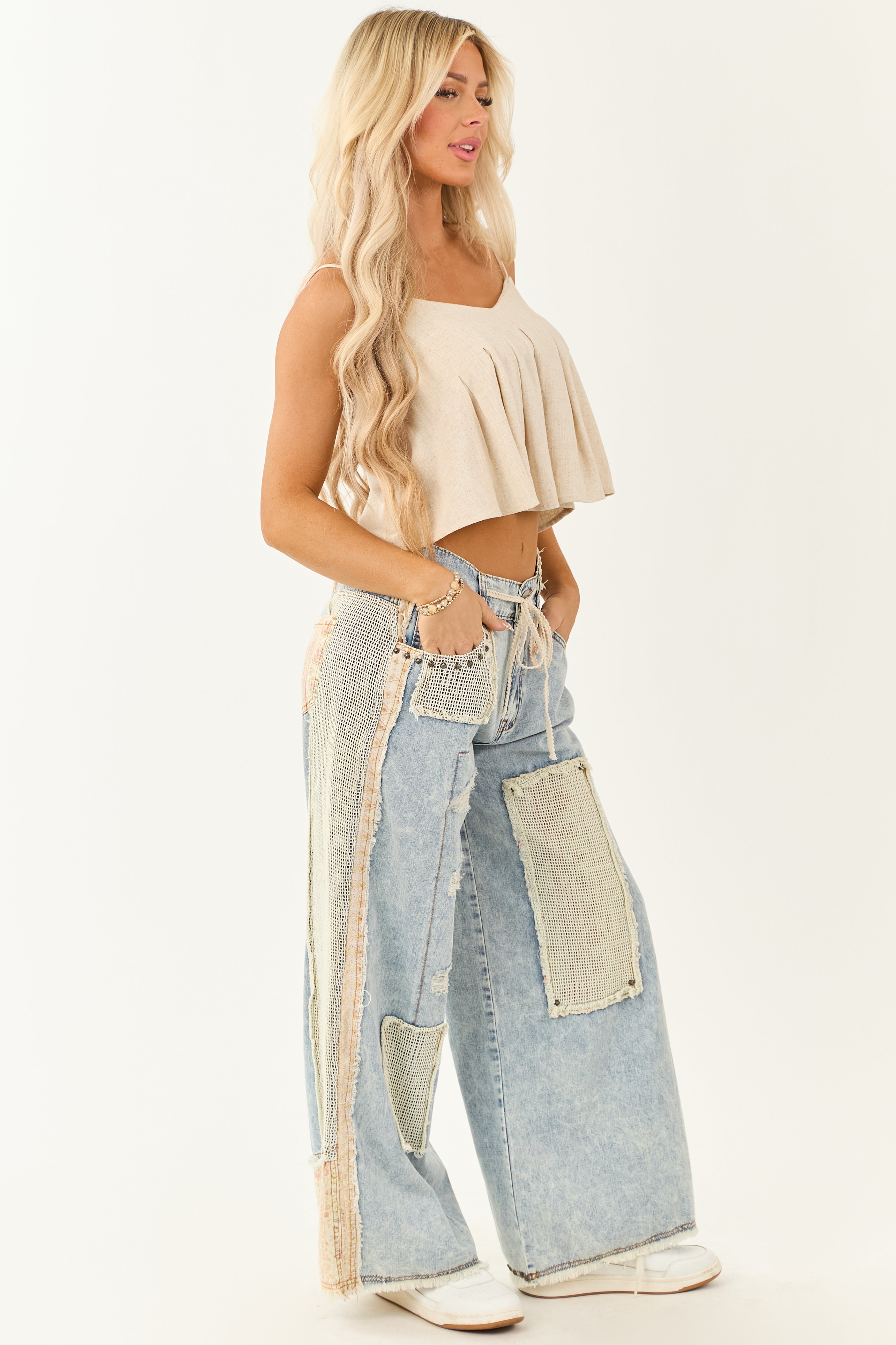 POL Light Acid Wash Denim Wide Leg Patchwork Pants