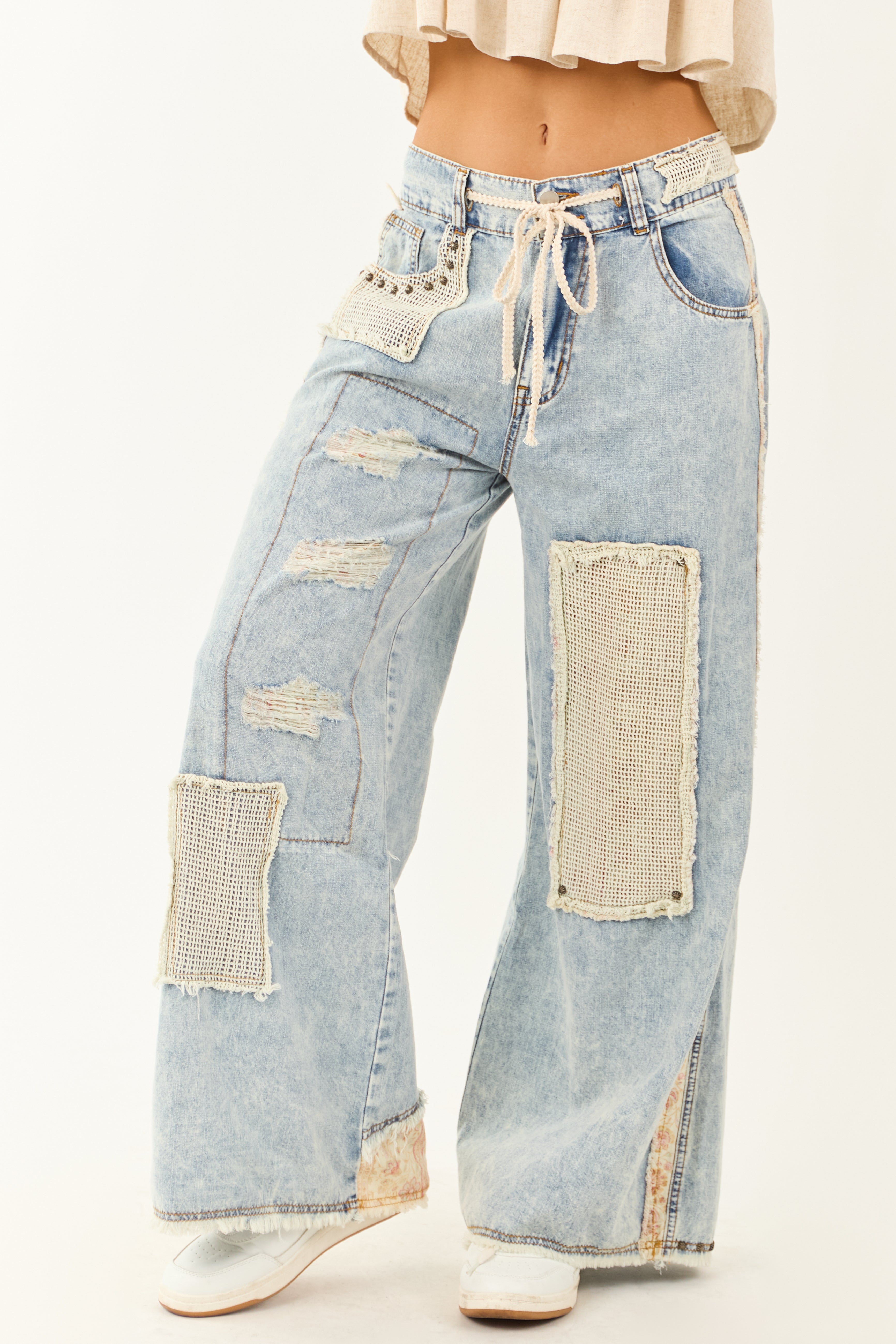 POL Light Acid Wash Denim Wide Leg Patchwork Pants