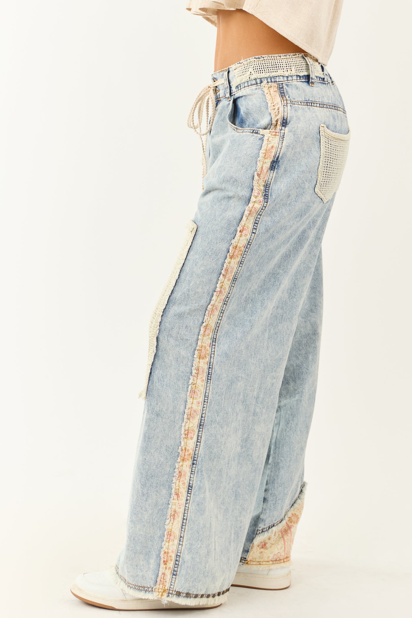 POL Light Acid Wash Denim Wide Leg Patchwork Pants