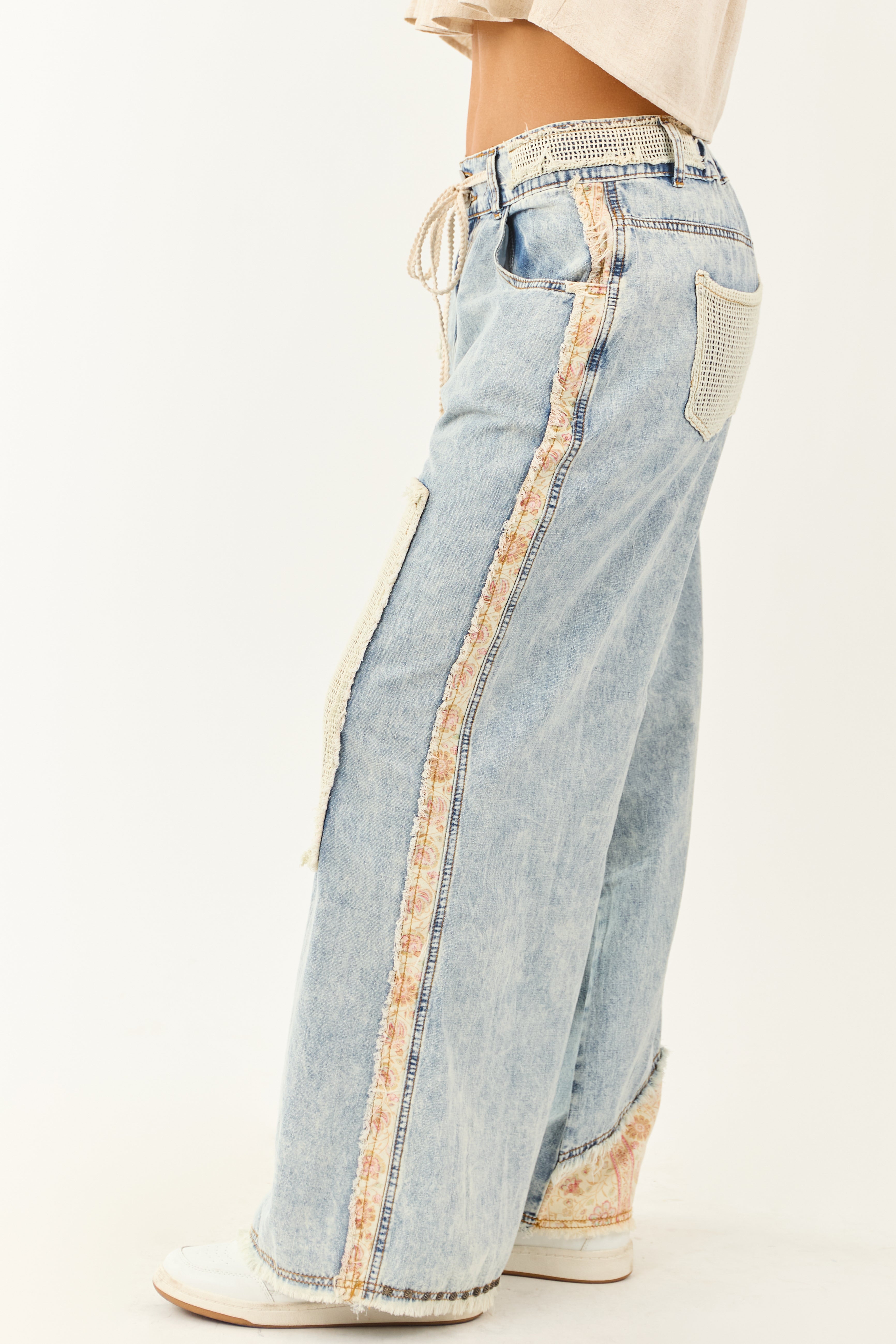 POL Light Acid Wash Denim Wide Leg Patchwork Pants