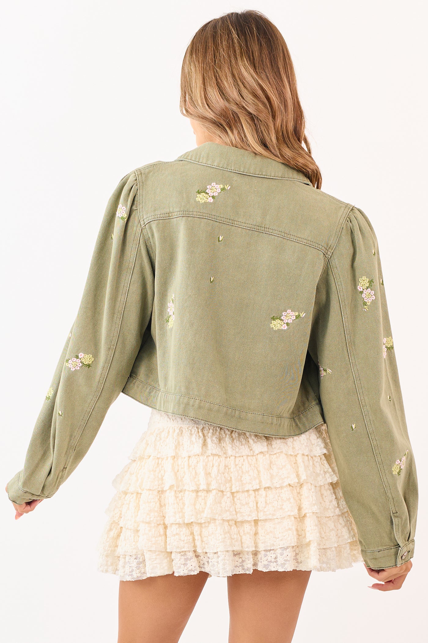 POL Light Olive Floral Embroidered Denim Crop Jacket