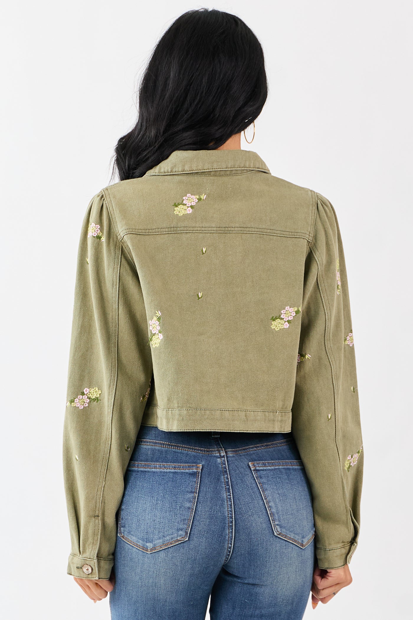 POL Light Olive Floral Embroidered Denim Crop Jacket