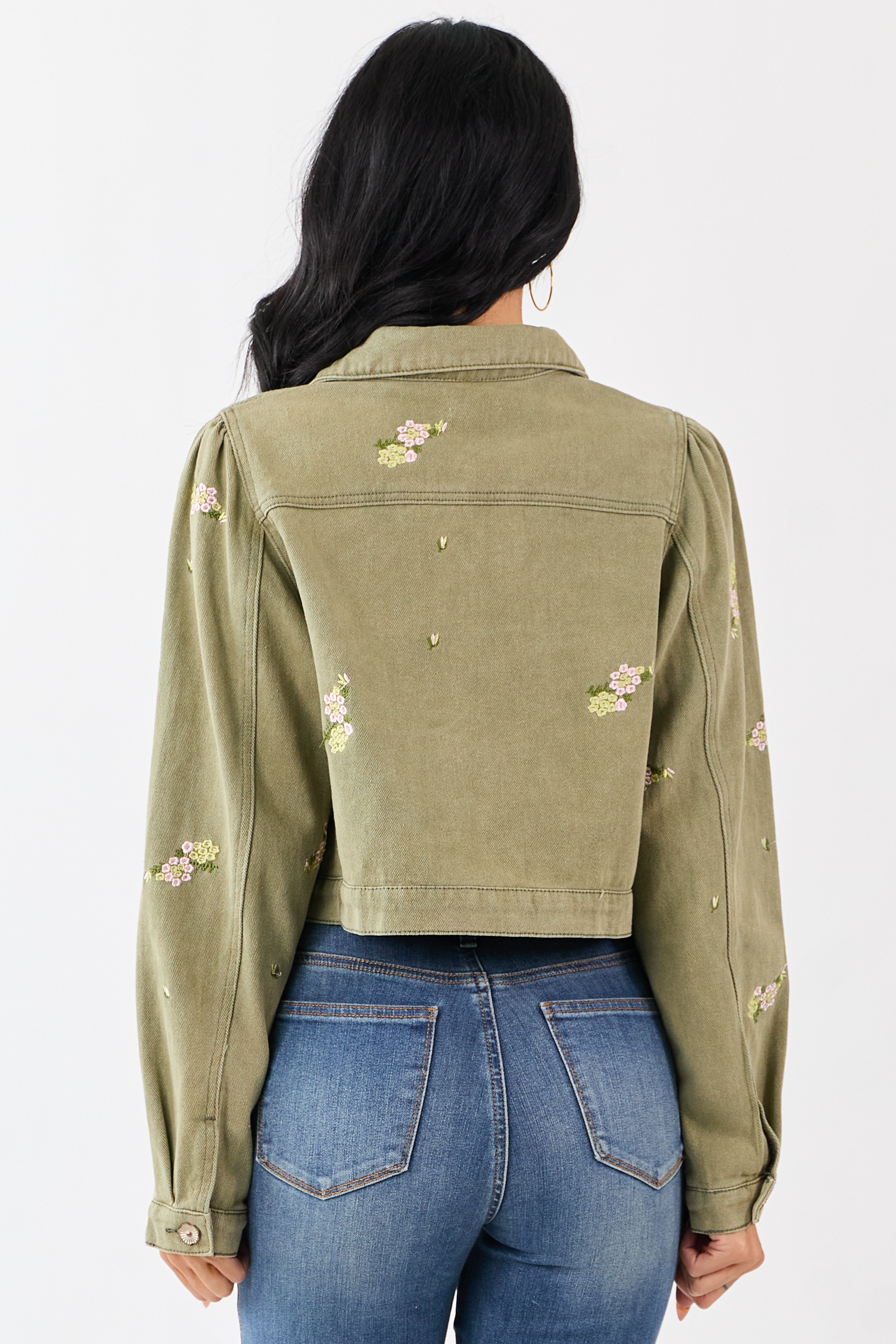 POL Light Olive Floral Embroidered Denim Crop Jacket