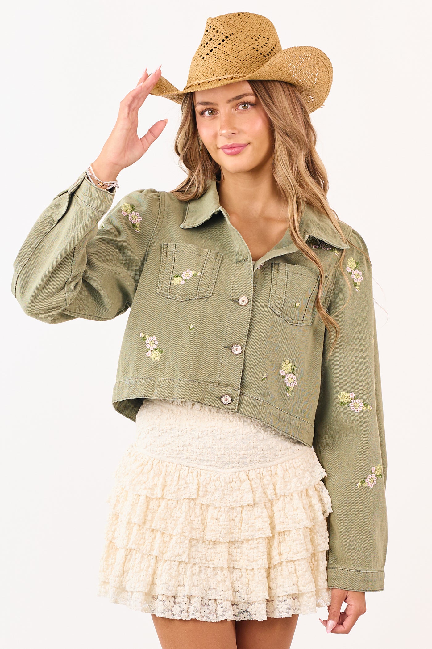 POL Light Olive Floral Embroidered Denim Crop Jacket