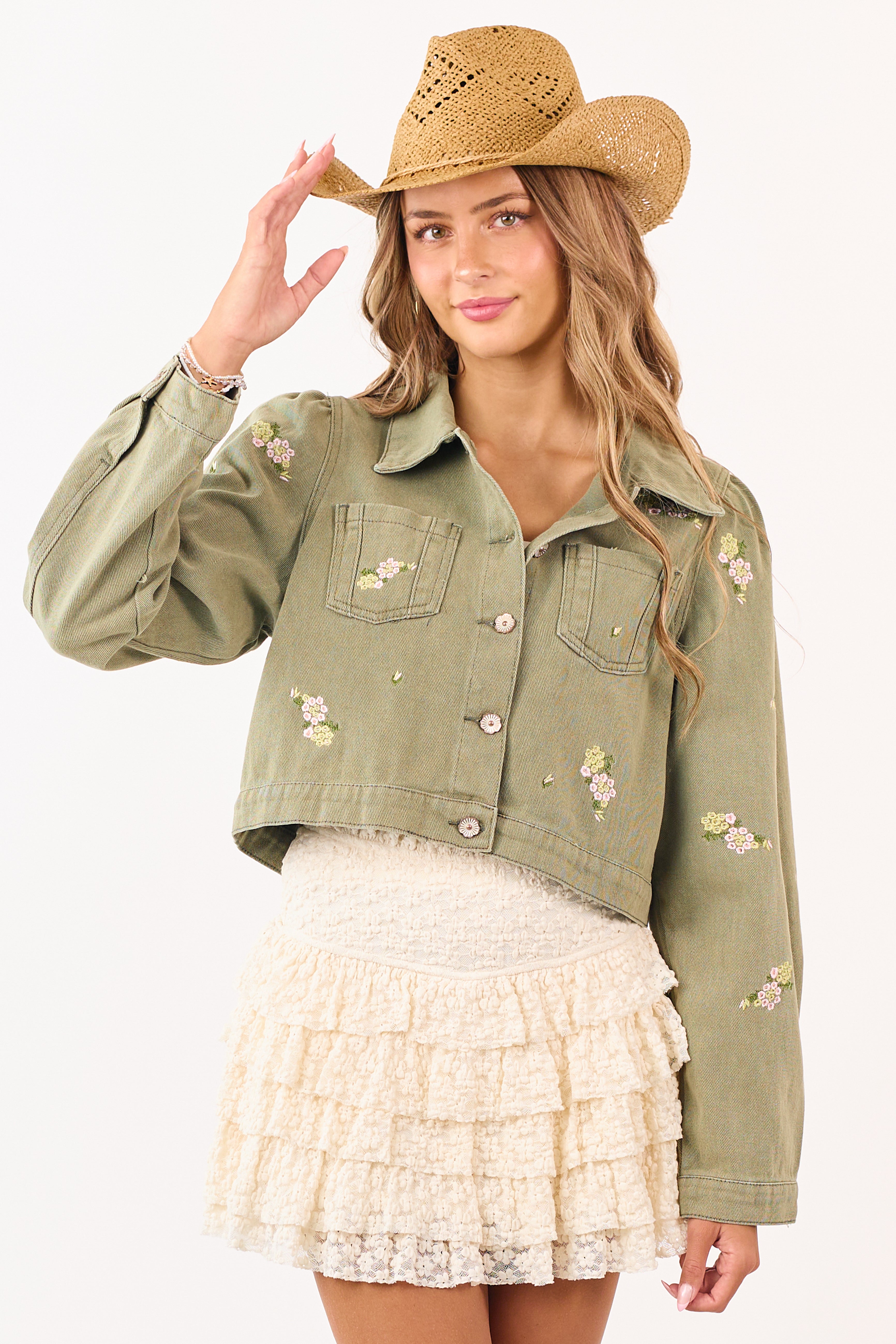 POL Light Olive Floral Embroidered Denim Crop Jacket