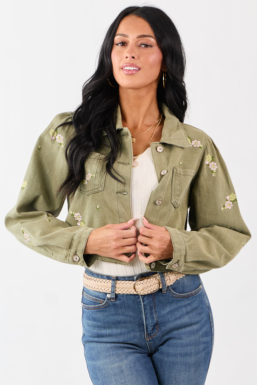 POL Light Olive Floral Embroidered Denim Crop Jacket