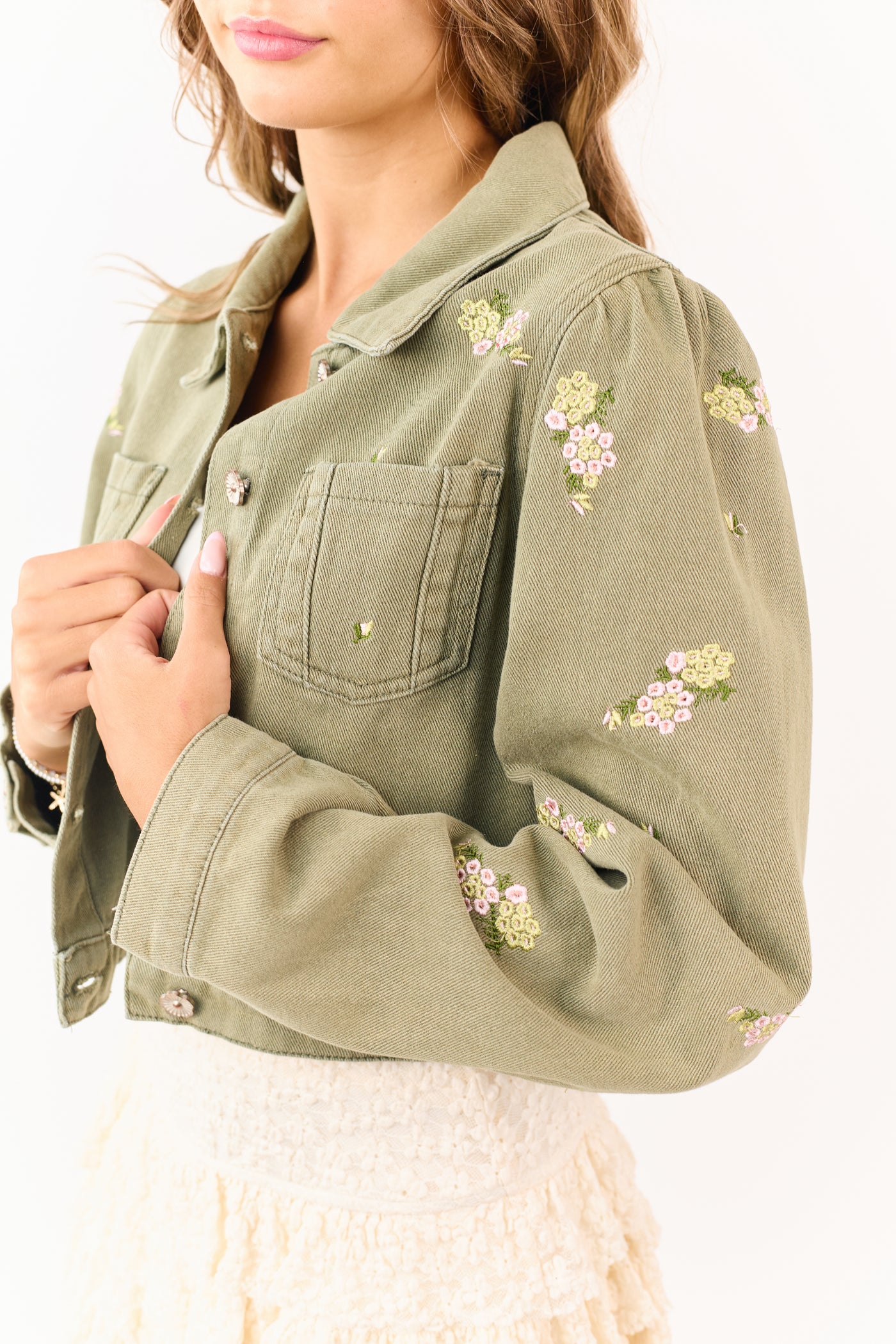 POL Light Olive Floral Embroidered Denim Crop Jacket
