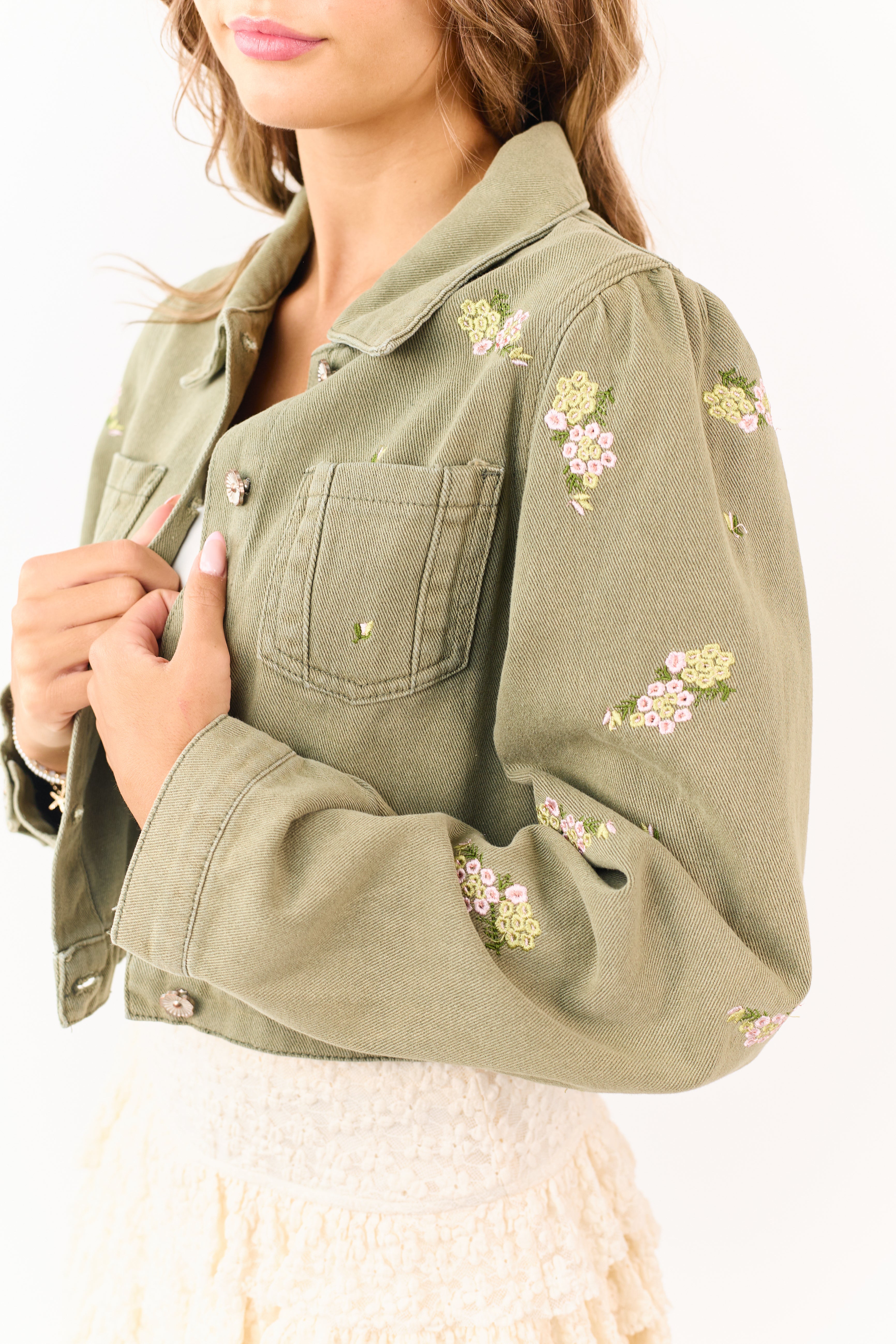 POL Light Olive Floral Embroidered Denim Crop Jacket
