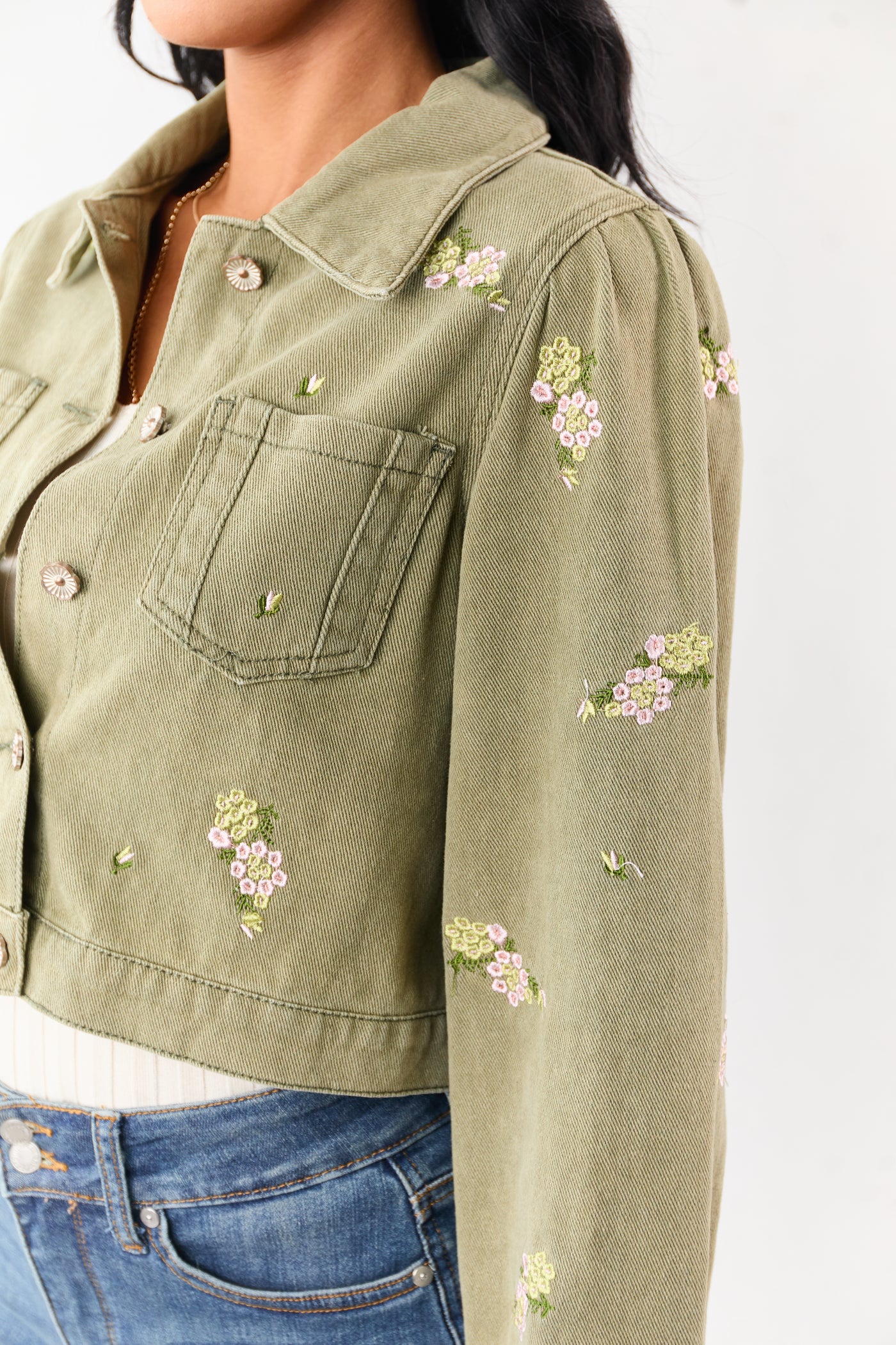 POL Light Olive Floral Embroidered Denim Crop Jacket