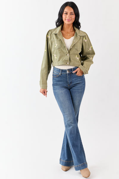 POL Light Olive Floral Embroidered Denim Crop Jacket