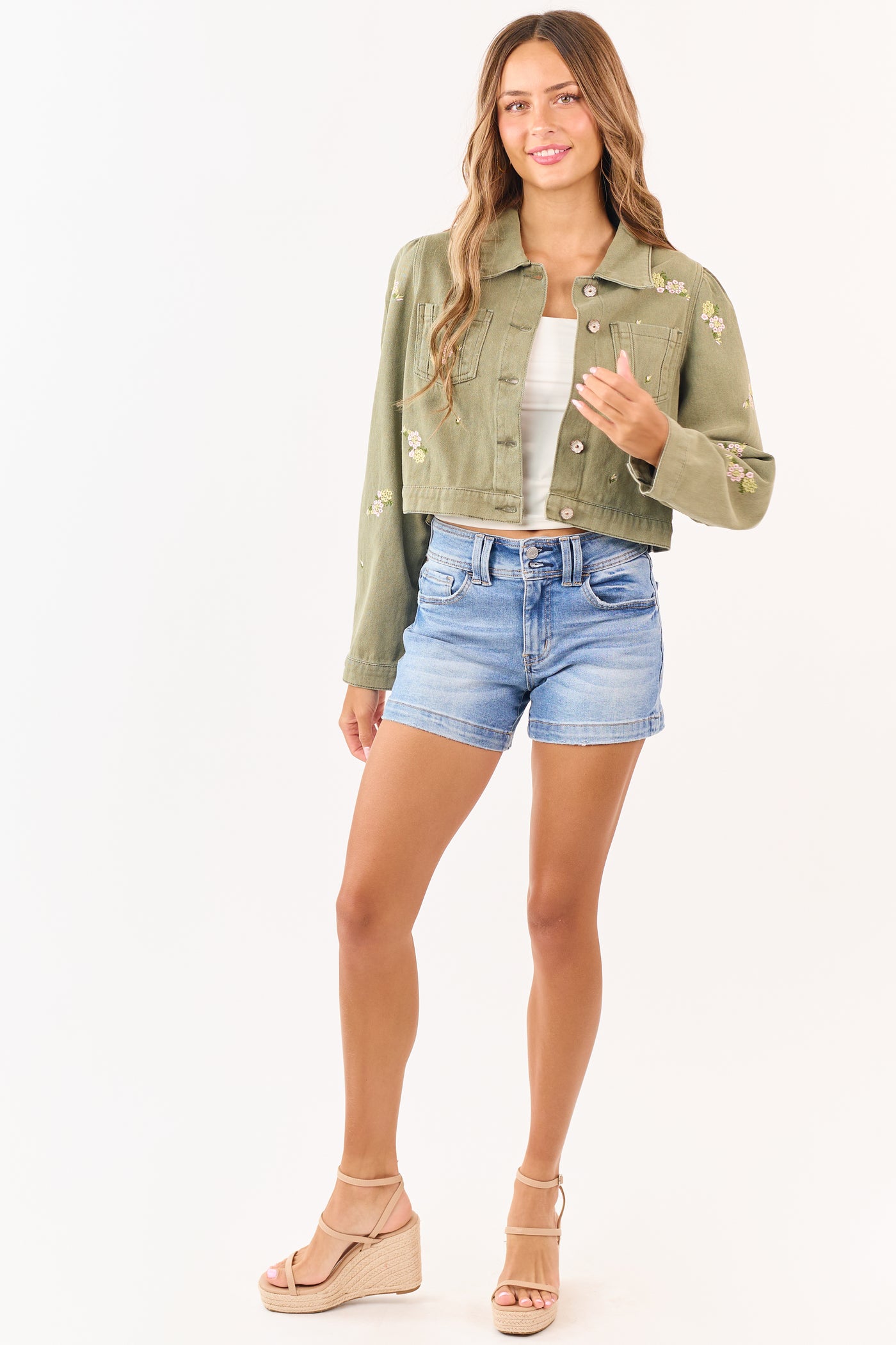 POL Light Olive Floral Embroidered Denim Crop Jacket