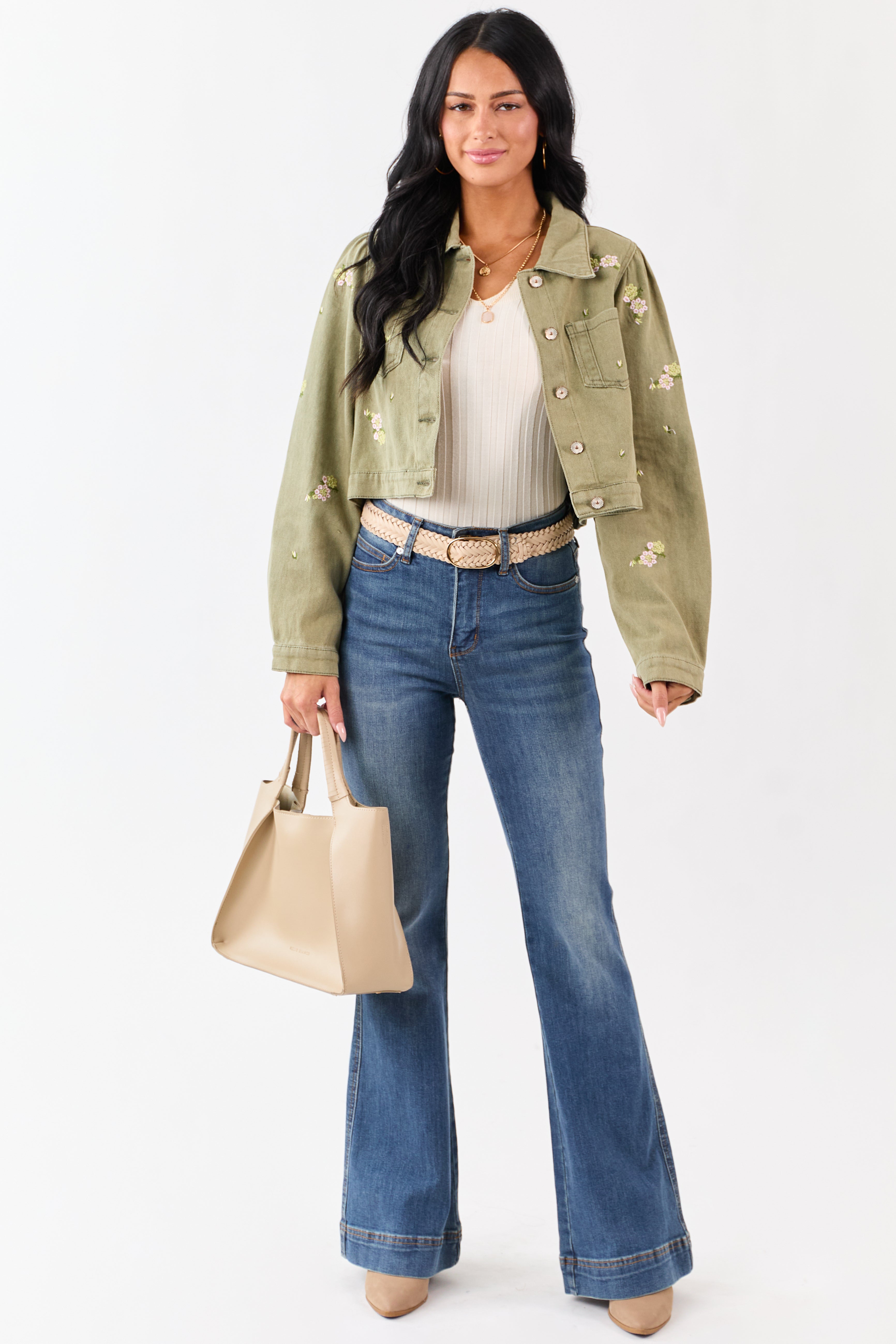 POL Light Olive Floral Embroidered Denim Crop Jacket