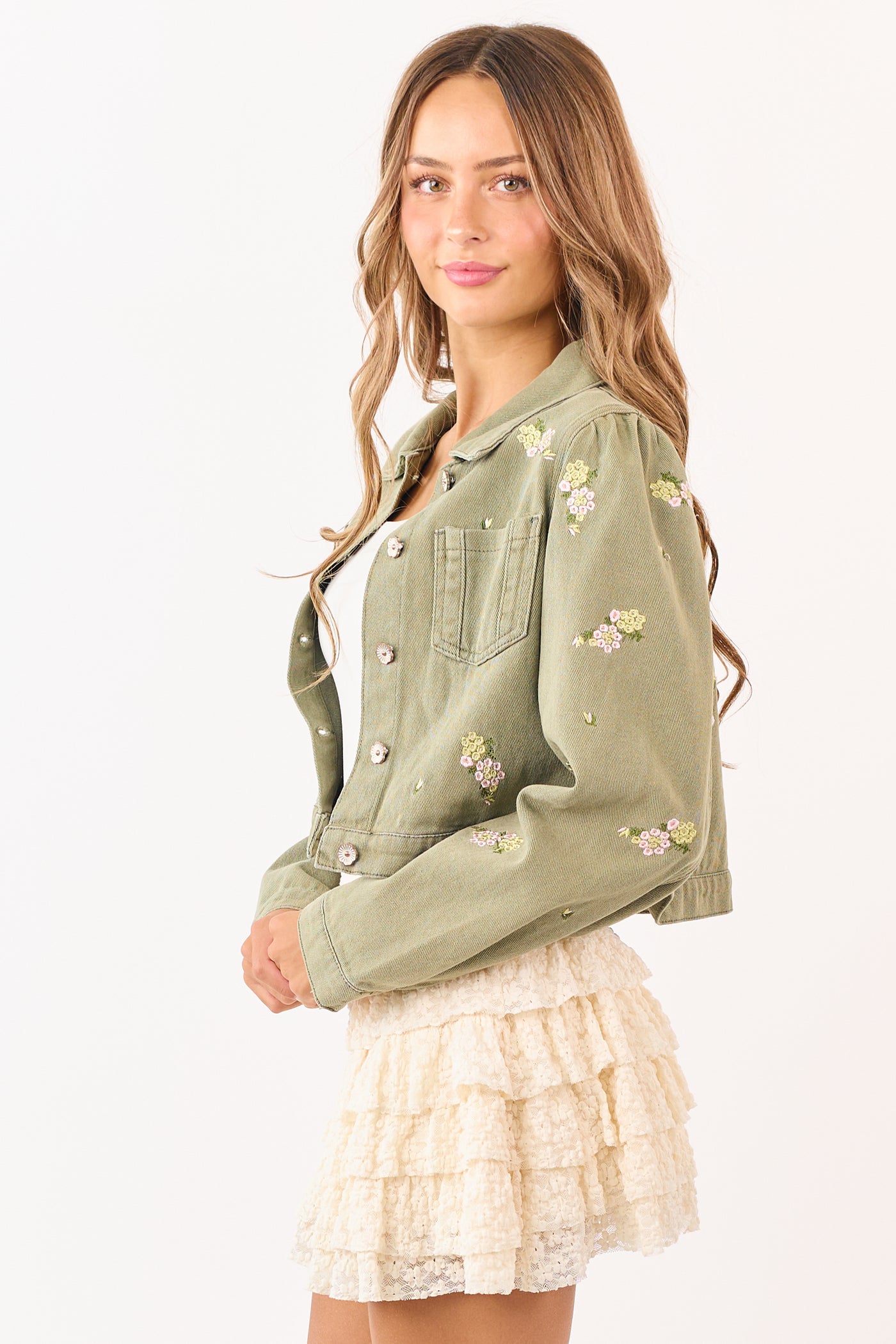 POL Light Olive Floral Embroidered Denim Crop Jacket