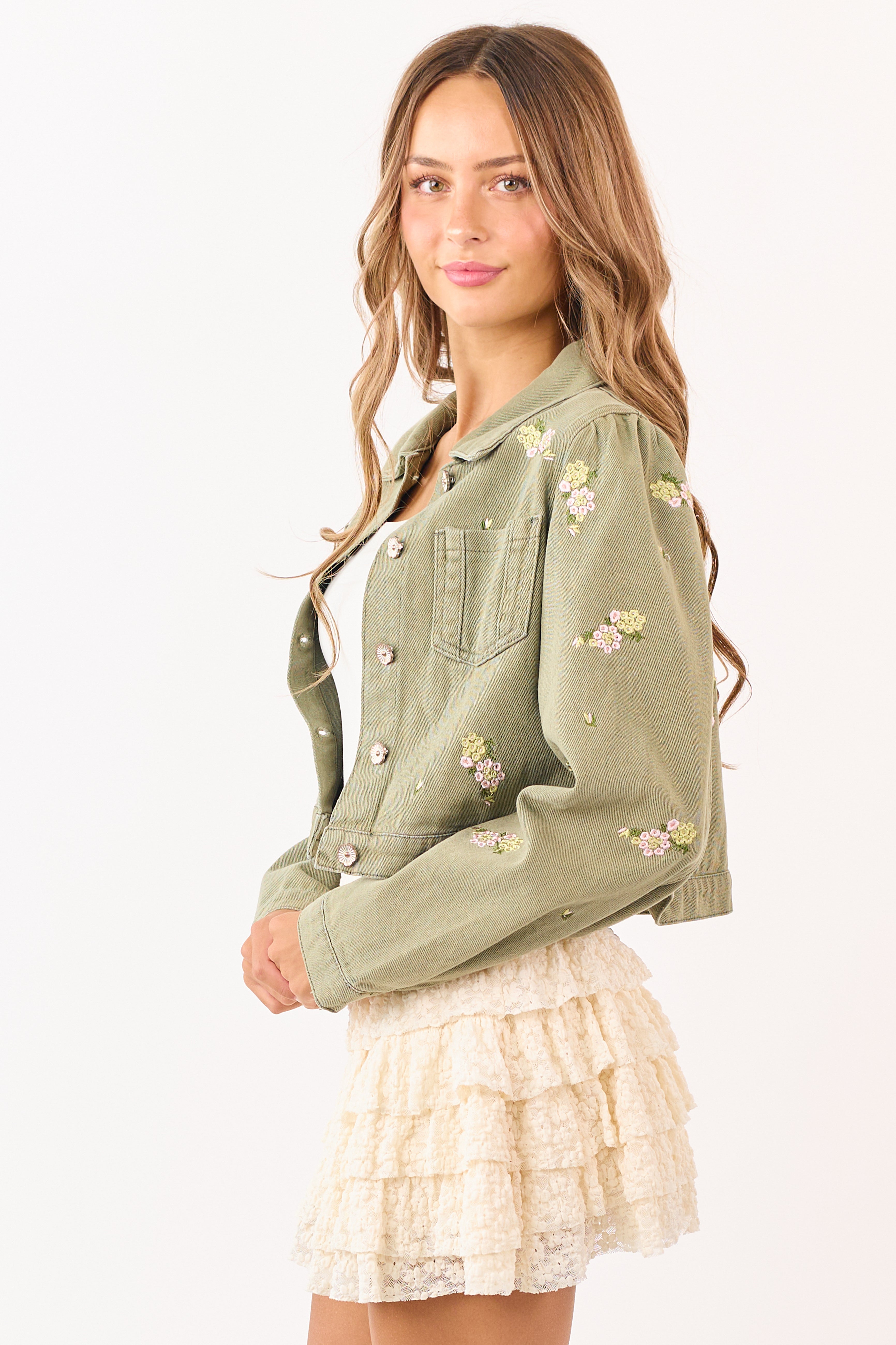 POL Light Olive Floral Embroidered Denim Crop Jacket