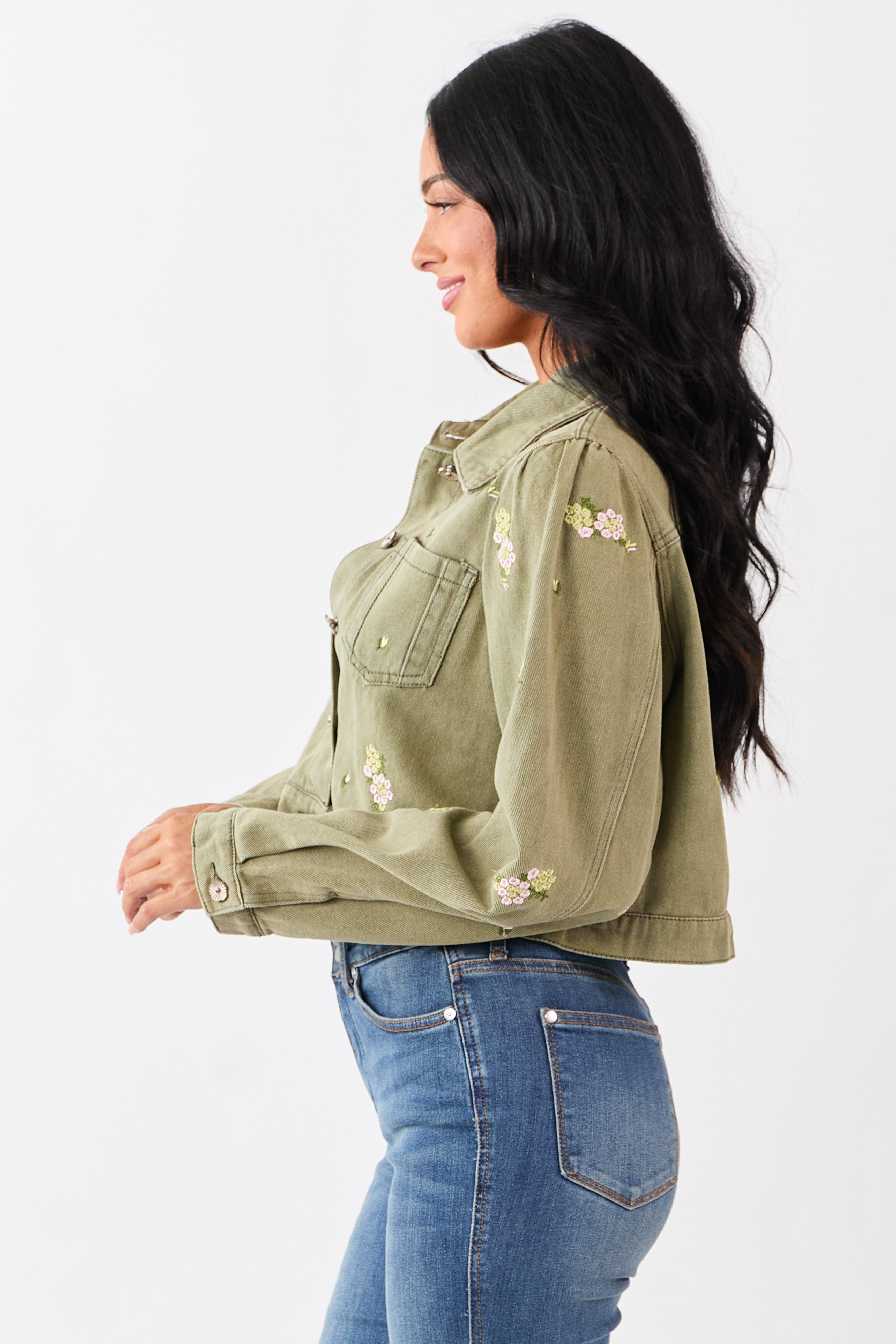 POL Light Olive Floral Embroidered Denim Crop Jacket