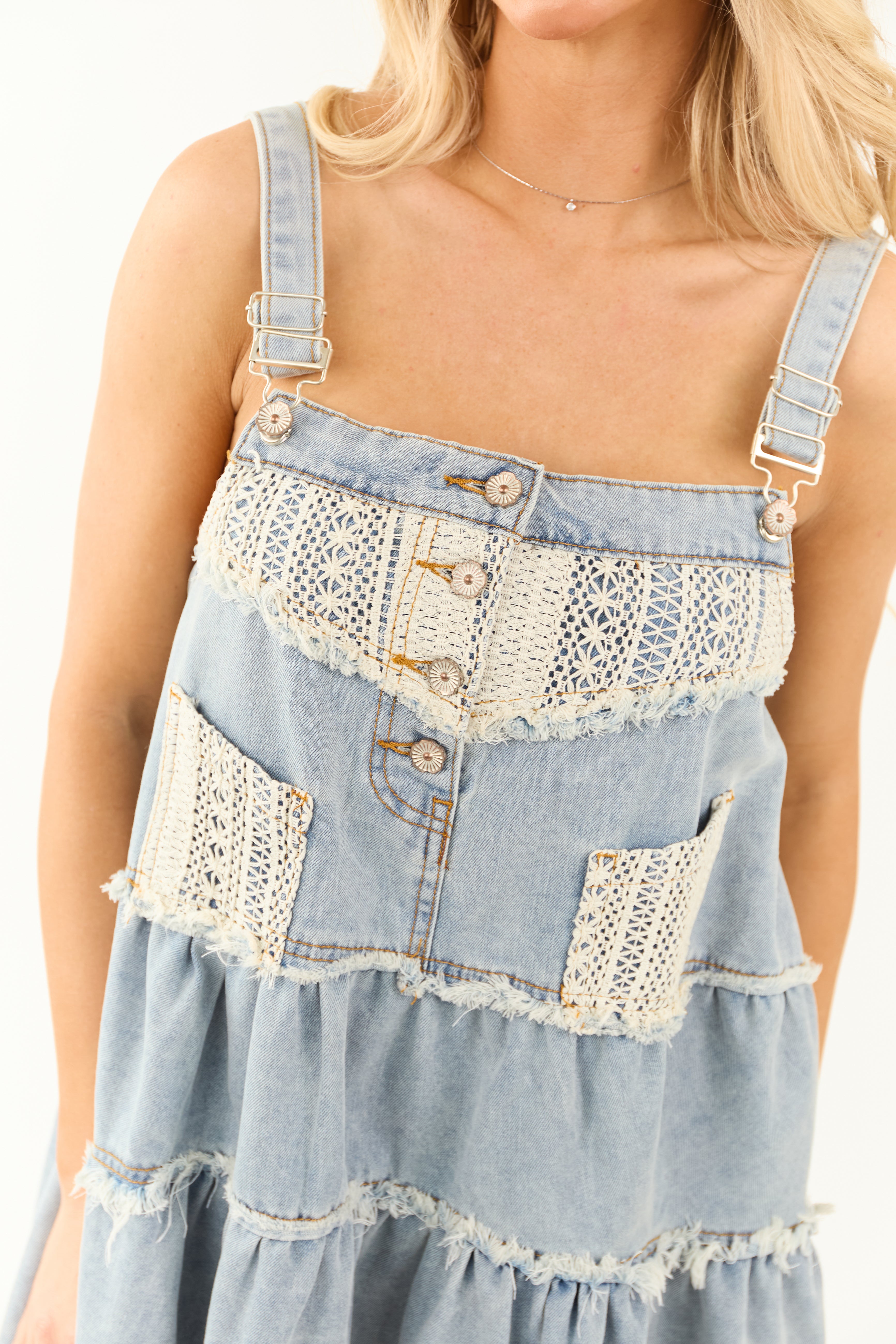 POL Light Wash Denim Button Suspender Mini Dress POL Light Wash Denim Button Suspender Mini Dress