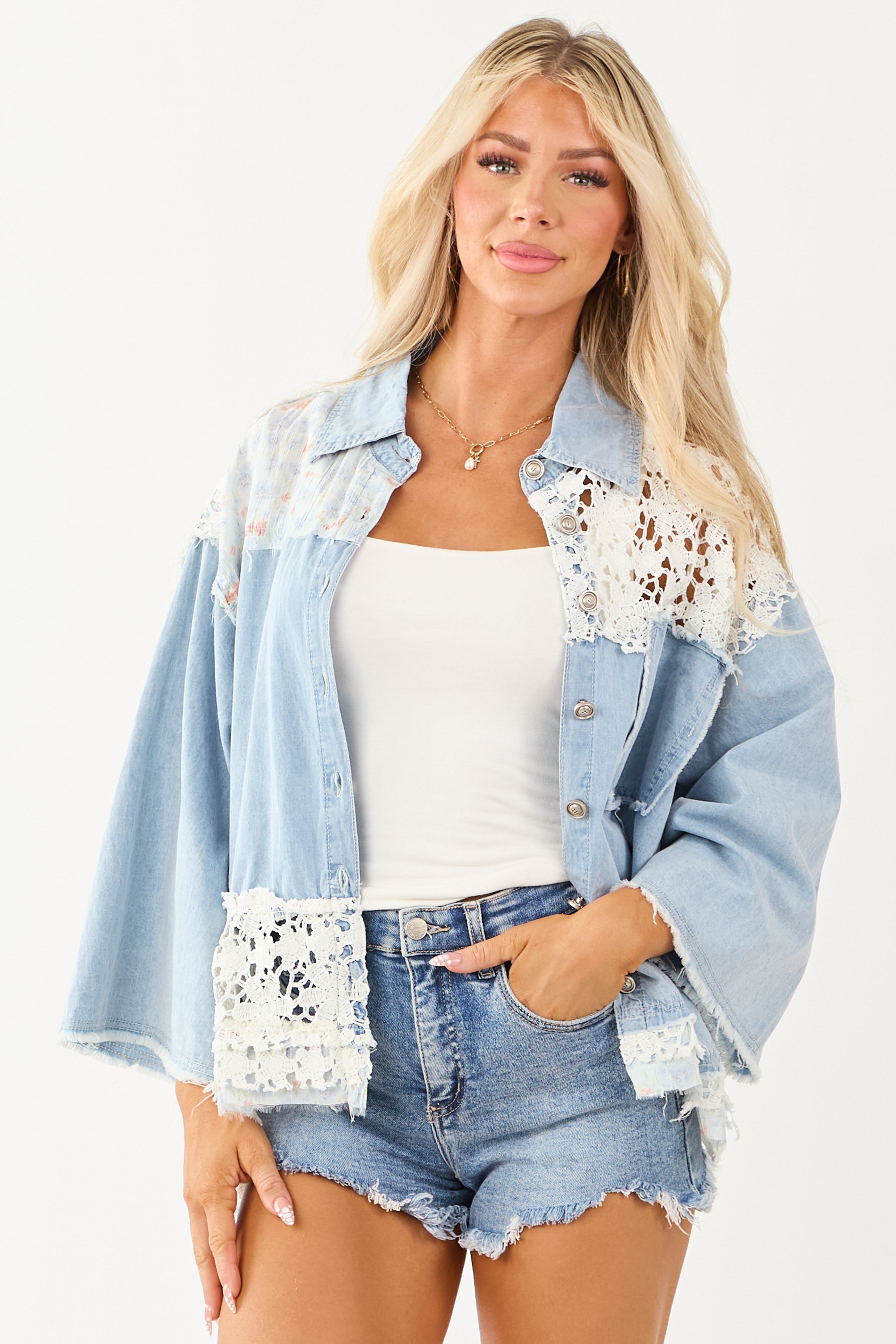 POL Light Wash Chambray Patchwork Button Up Shacket | Lime Lush