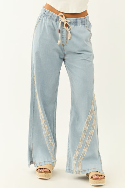 POL Light Wash Chambray Wide Leg Lace Detail Pants