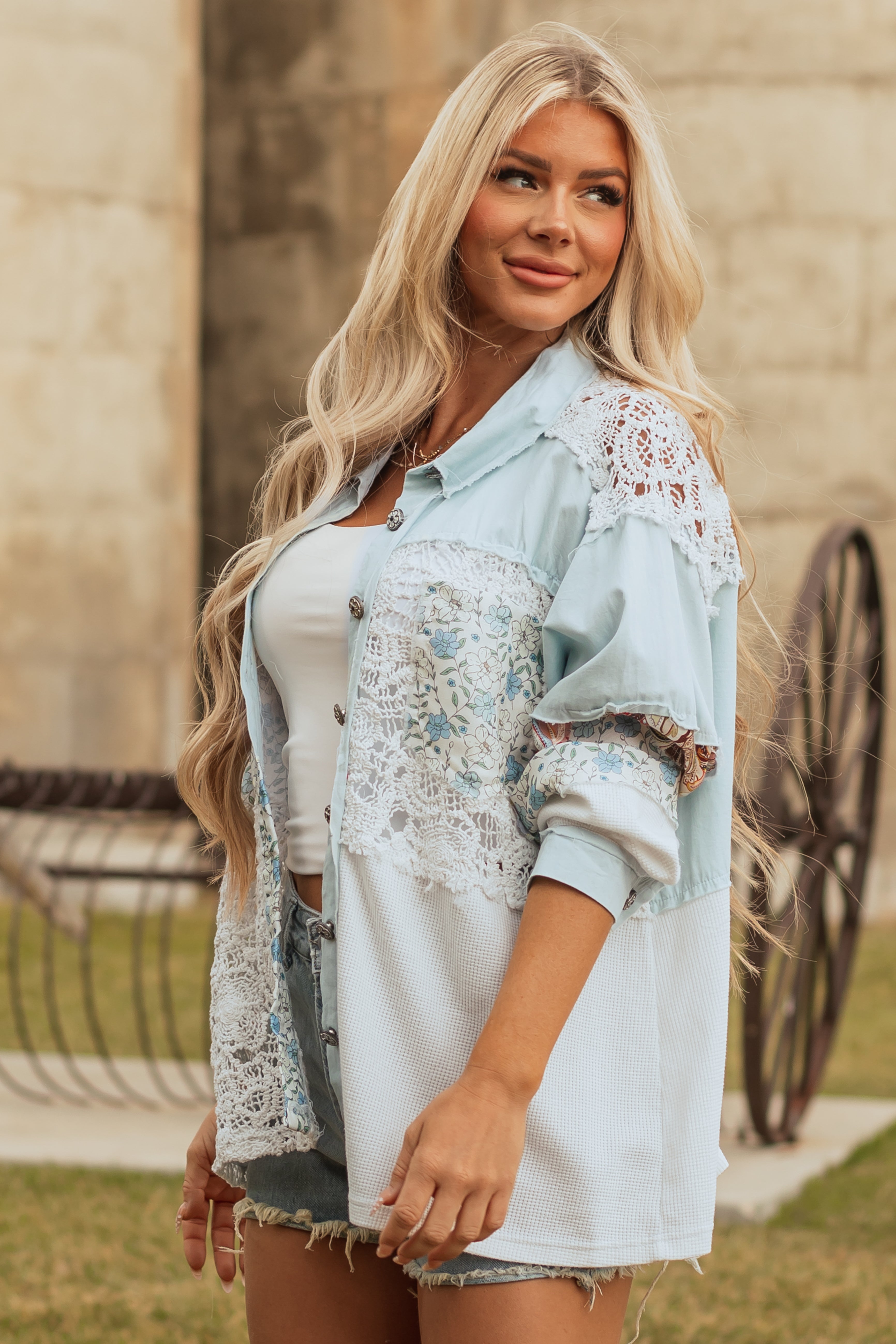 POL Light Wash Denim Patchwork Button Down Top