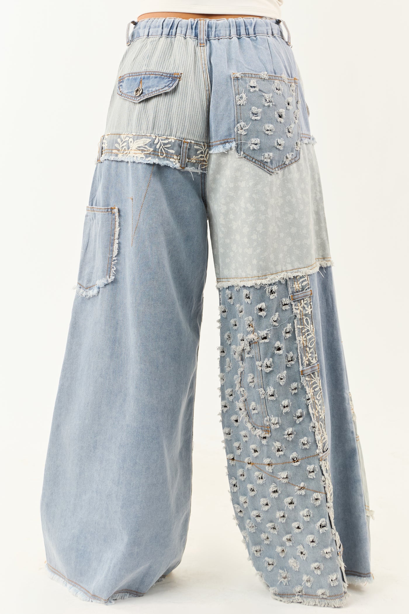 POL Light Wash Denim Patchwork Wide Leg Pants