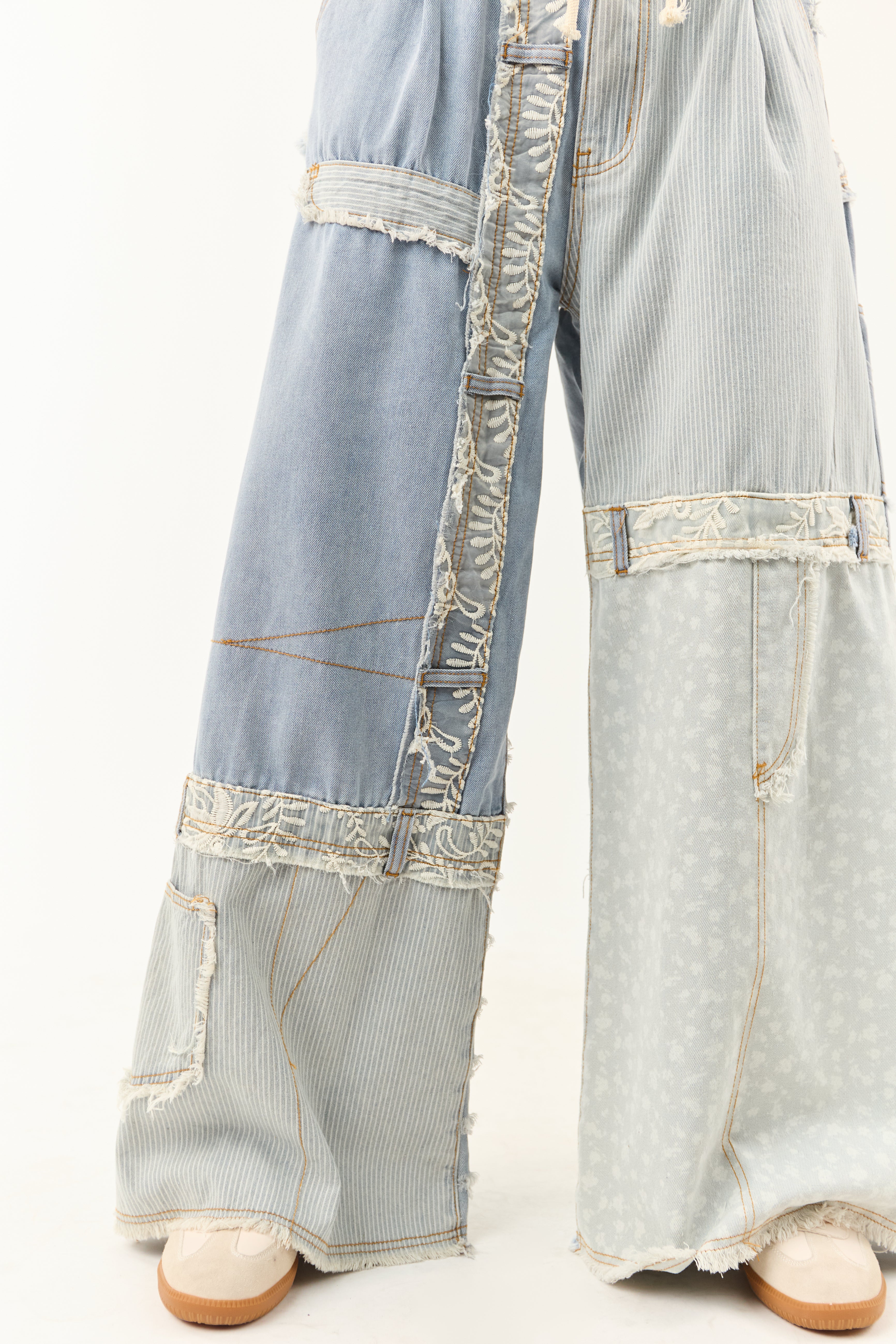 【Anyone more】Dric patch washed denim wide pants POL Light Wash Denim Patchwork Wide Leg Pants | Lime Lush