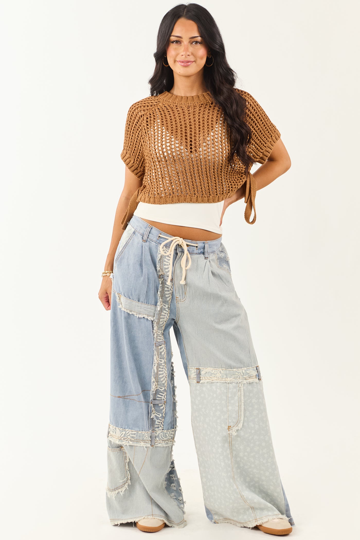 POL Light Wash Denim Patchwork Wide Leg Pants