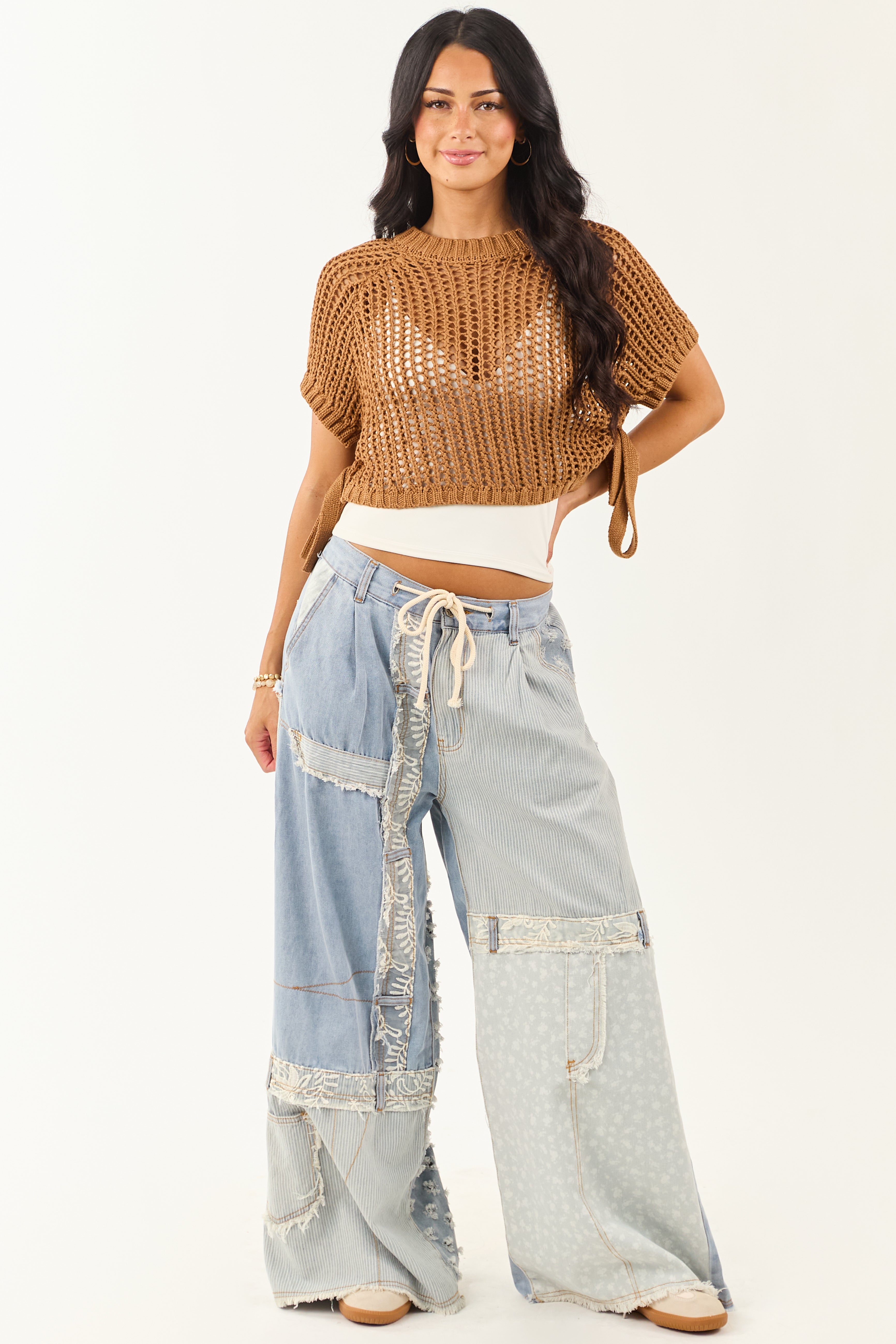 POL Light Wash Denim Patchwork Wide Leg Pants