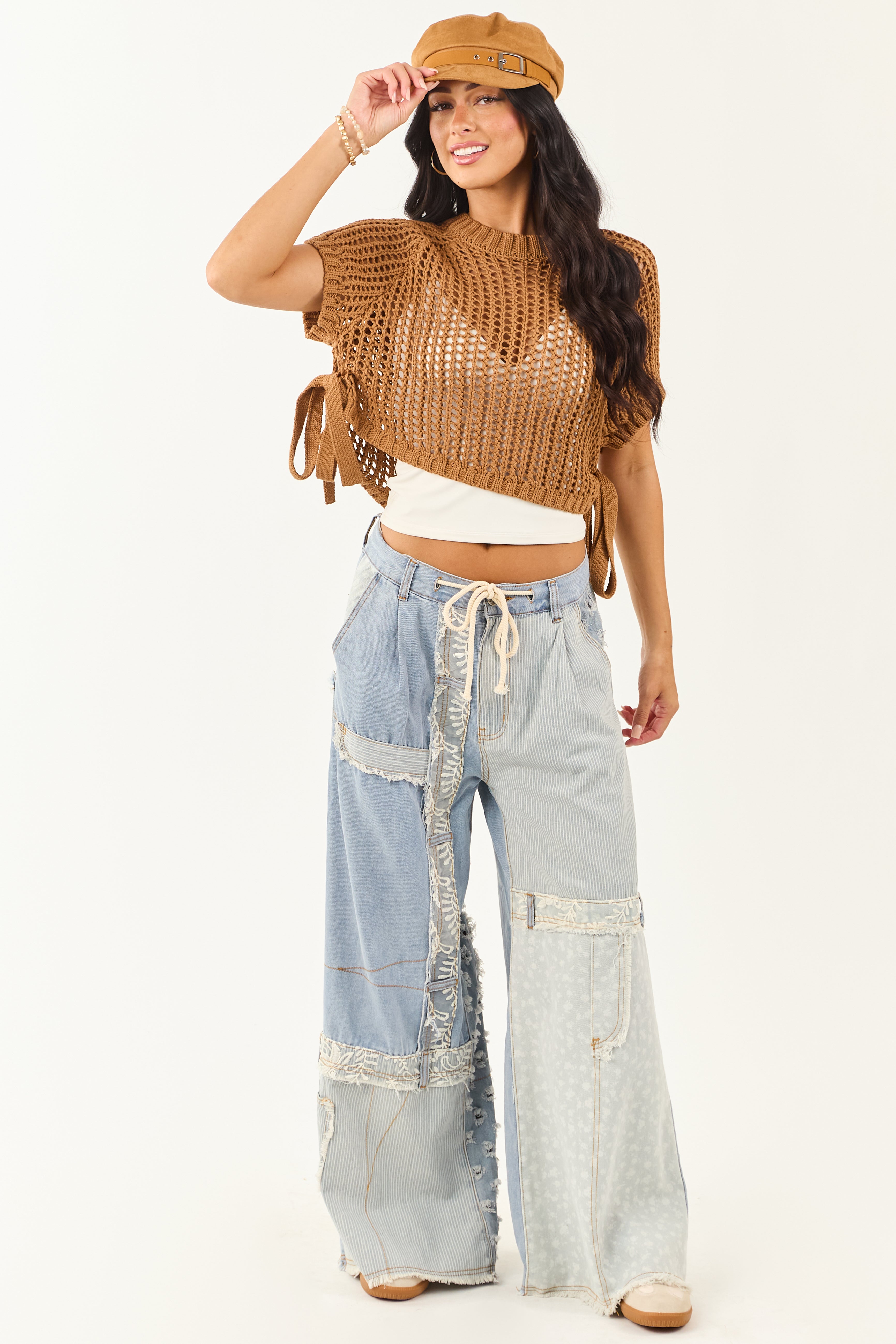 POL Light Wash Denim Patchwork Wide Leg Pants