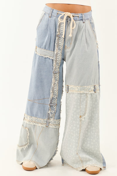 POL Light Wash Denim Patchwork Wide Leg Pants