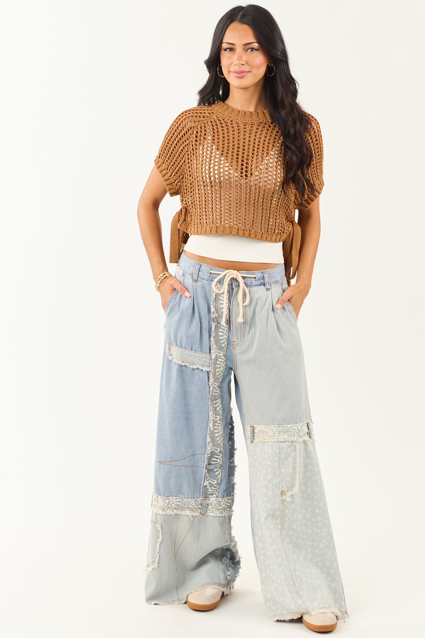 POL Light Wash Denim Patchwork Wide Leg Pants