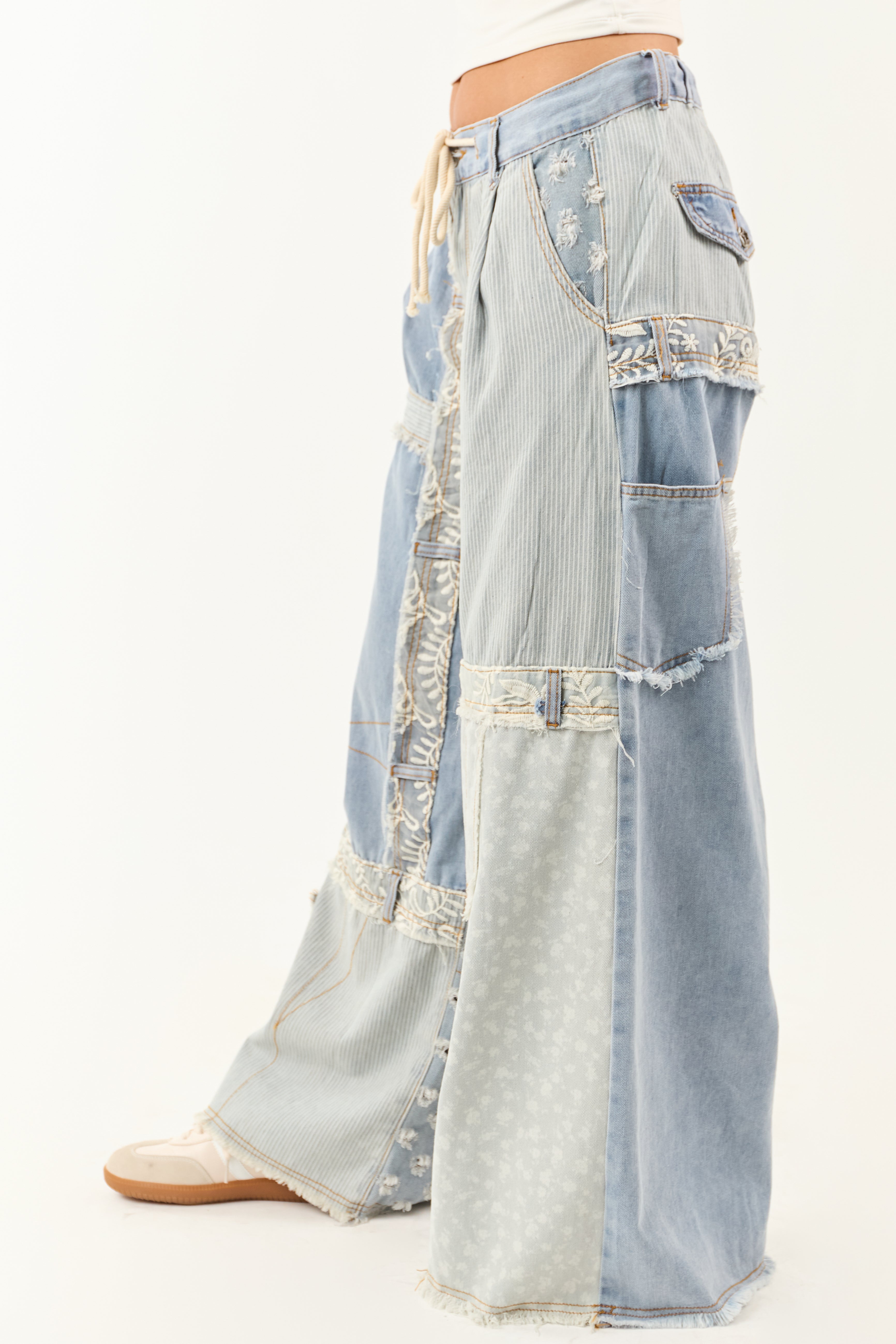 POL Light Wash Denim Patchwork Wide Leg Pants | Lime Lush