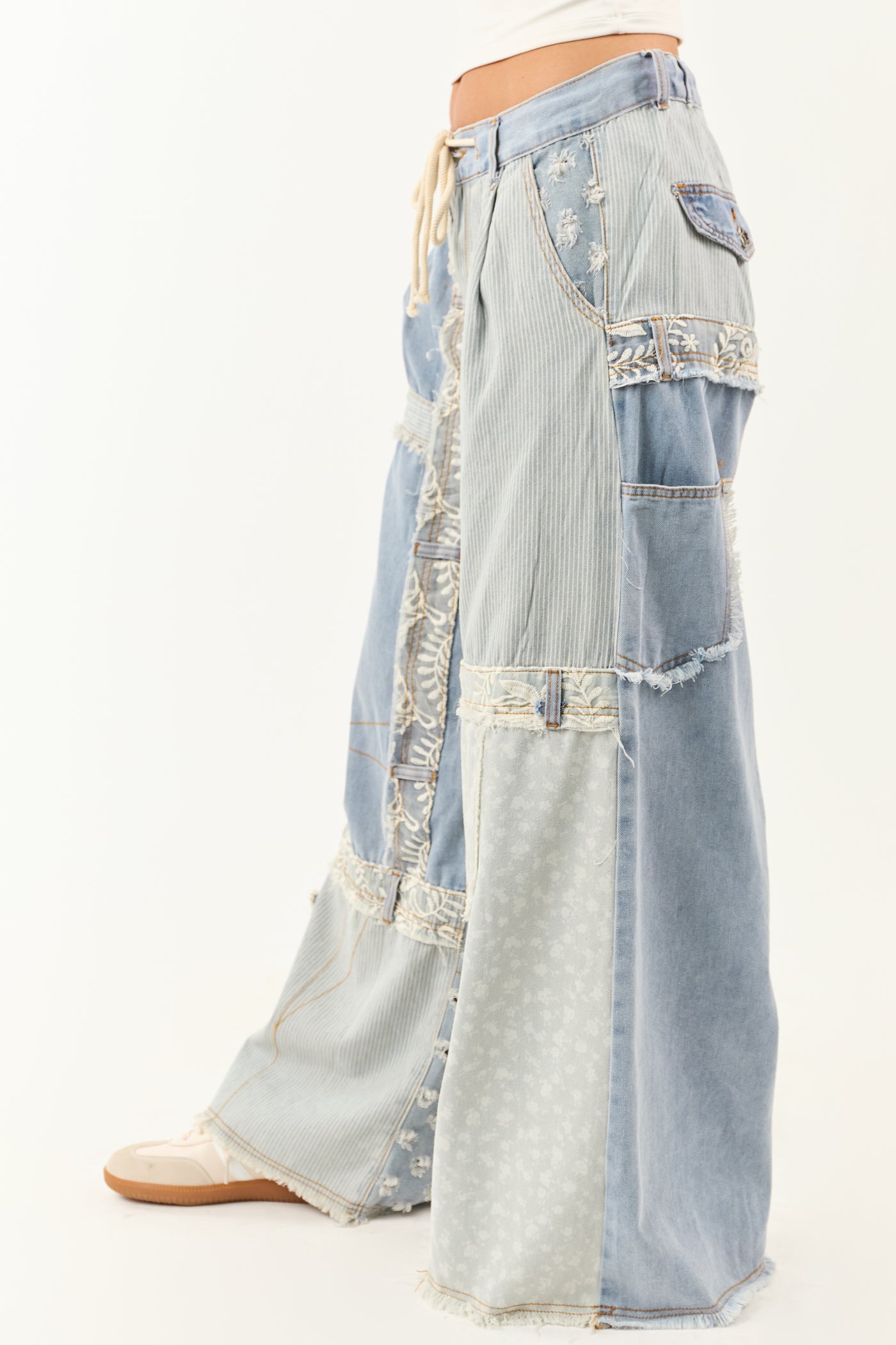 POL Light Wash Denim Patchwork Wide Leg Pants