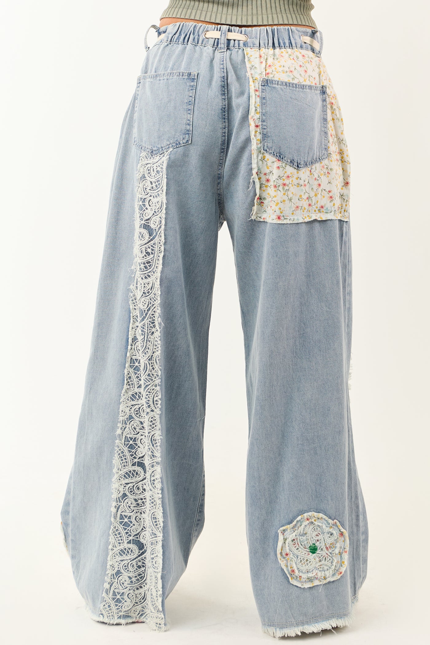 POL Light Wash Floral Patchwork Denim Pants
