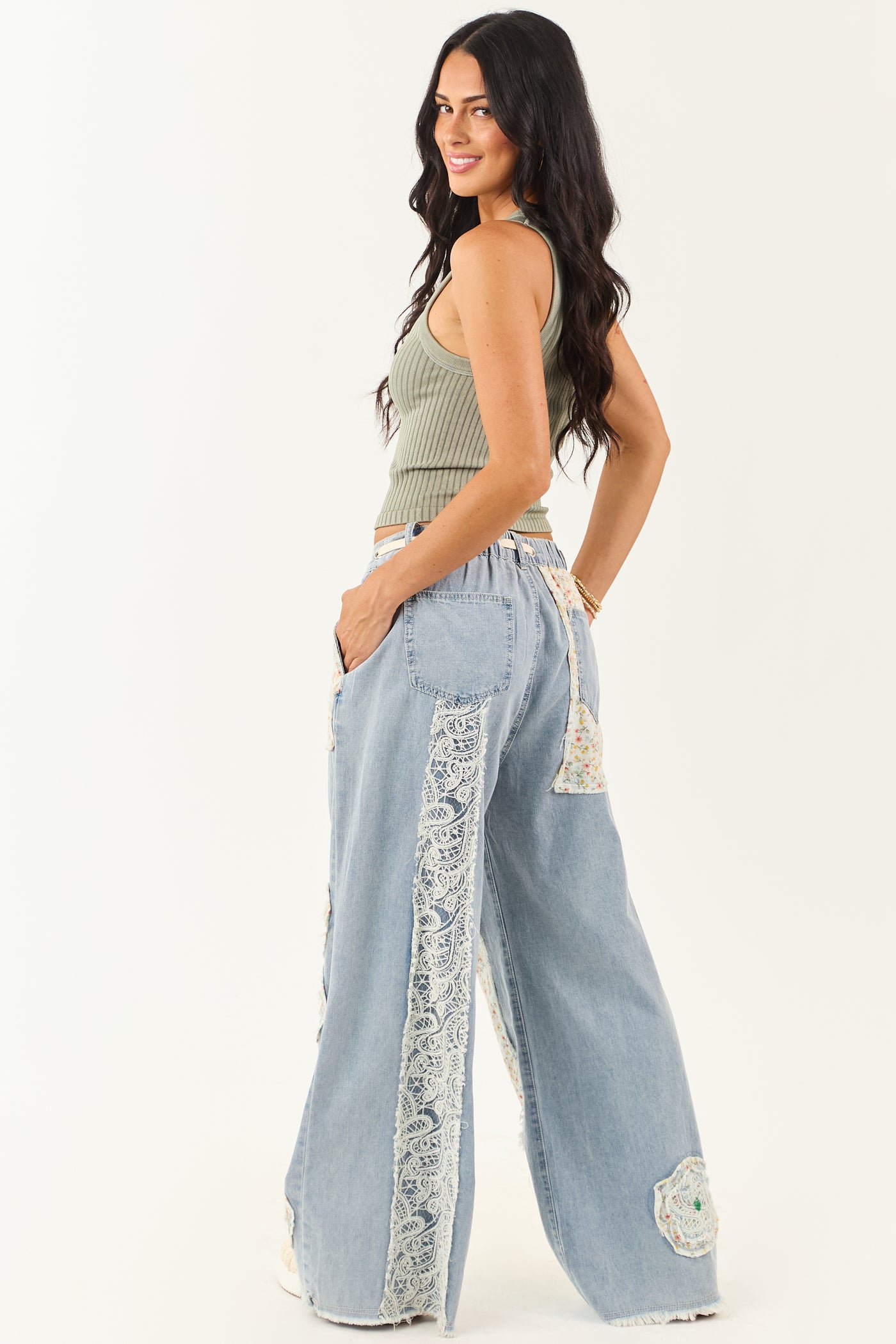POL Light Wash Floral Patchwork Denim Pants