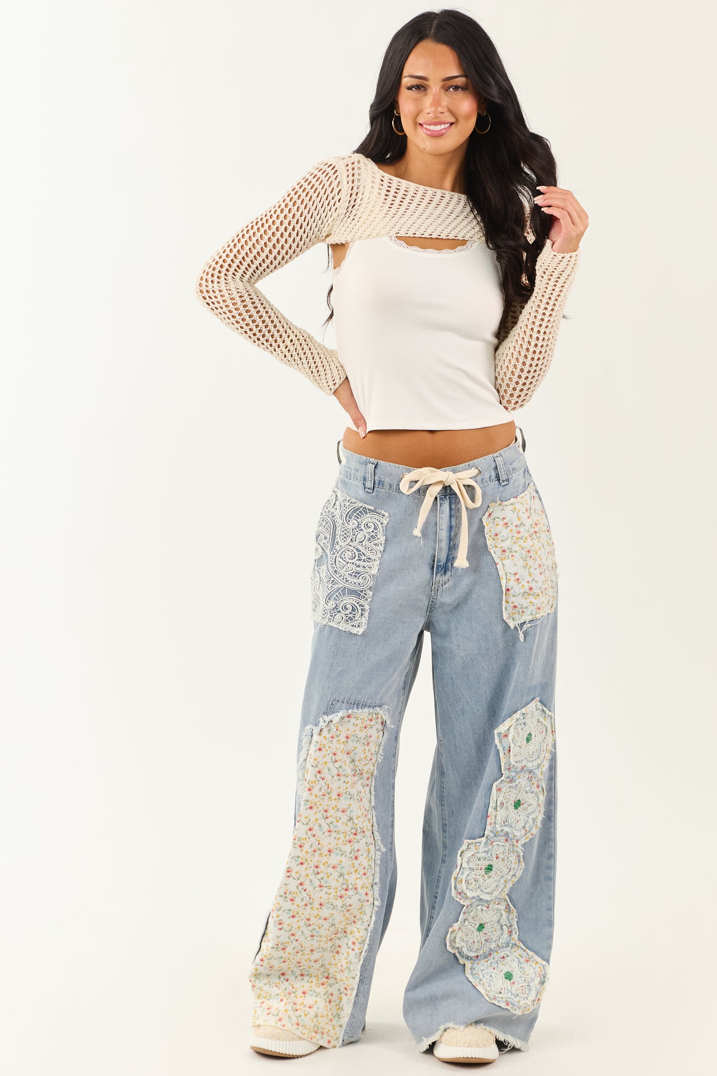 POL Light Wash Floral Patchwork Denim Pants