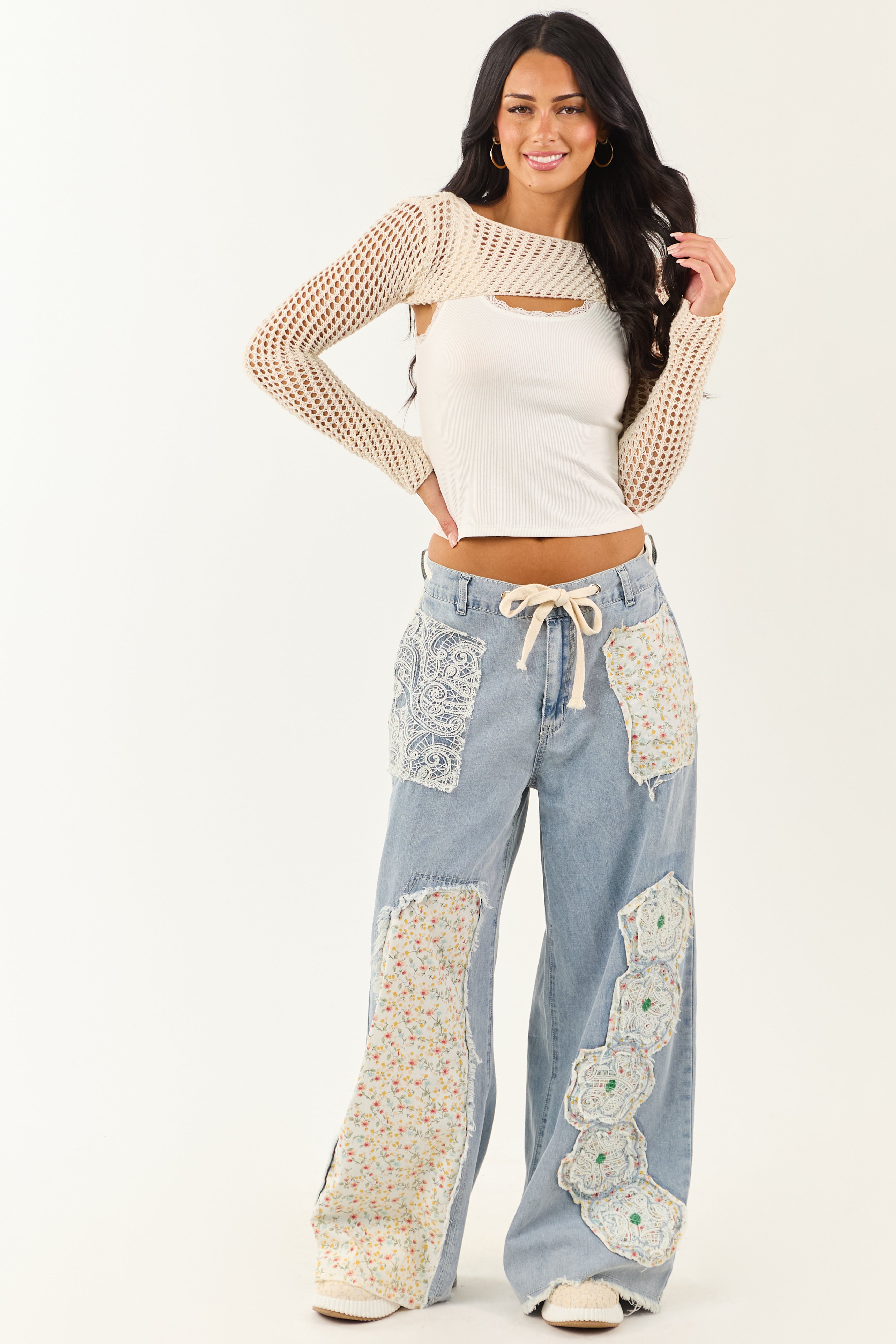 POL Light Wash Floral Patchwork Denim Pants