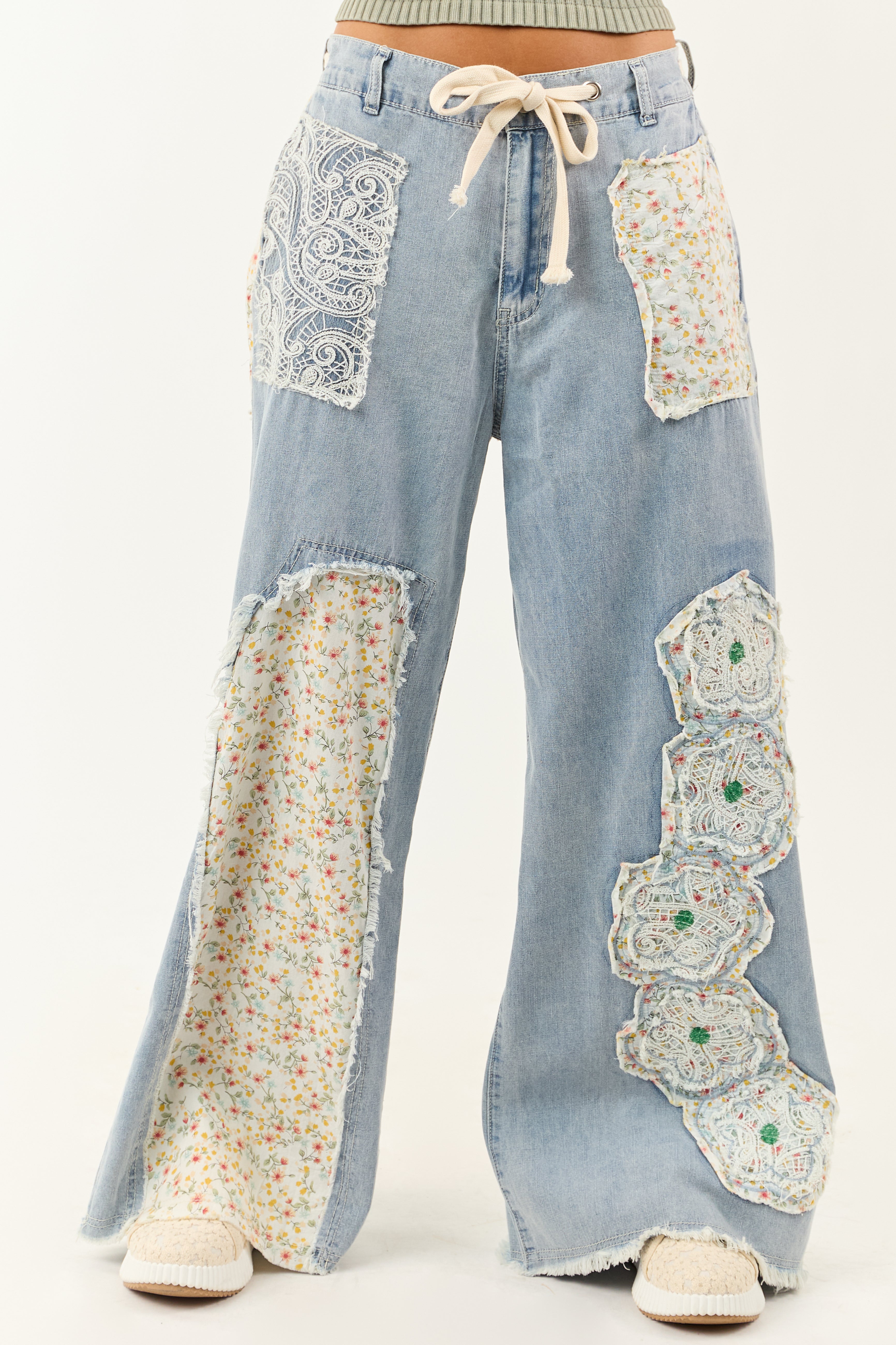 POL Light Wash Floral Patchwork Denim Pants