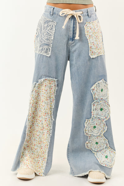 POL Light Wash Floral Patchwork Denim Pants