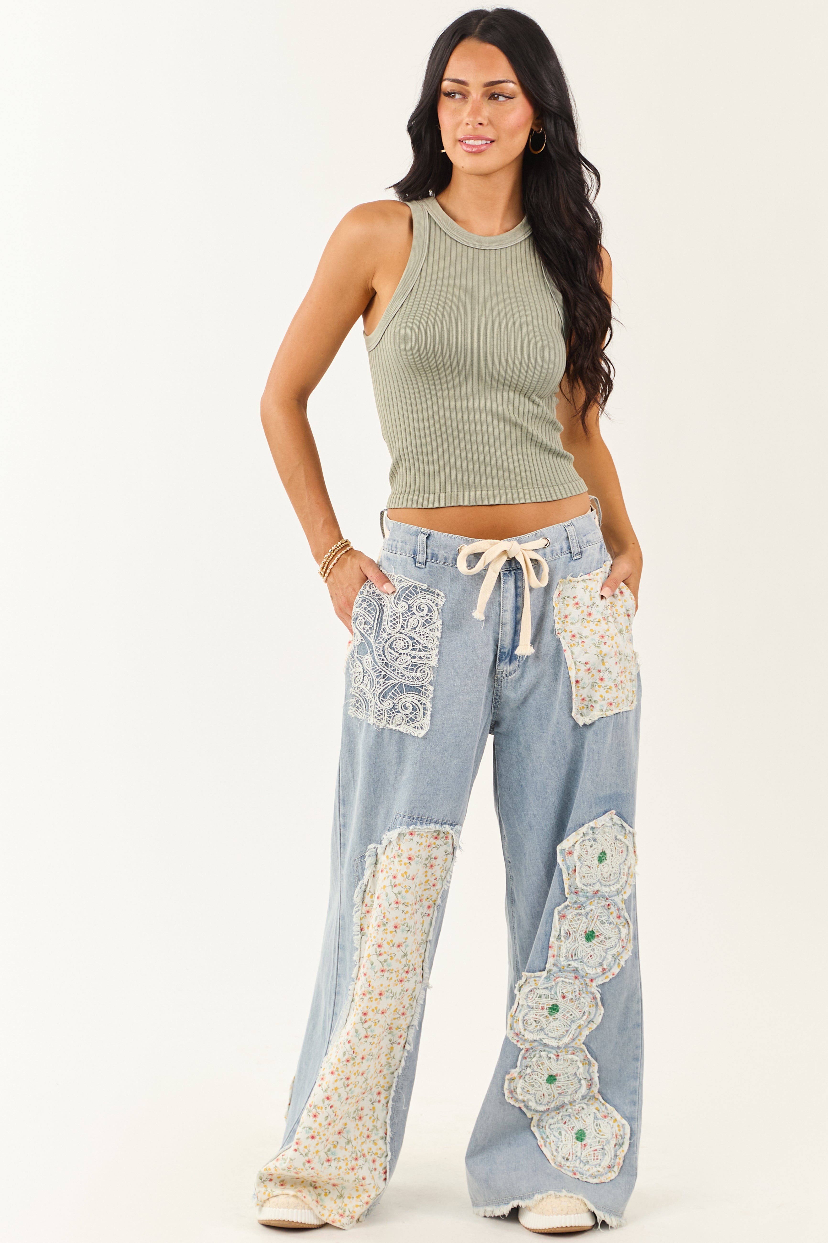 POL Light Wash Floral Patchwork Denim Pants