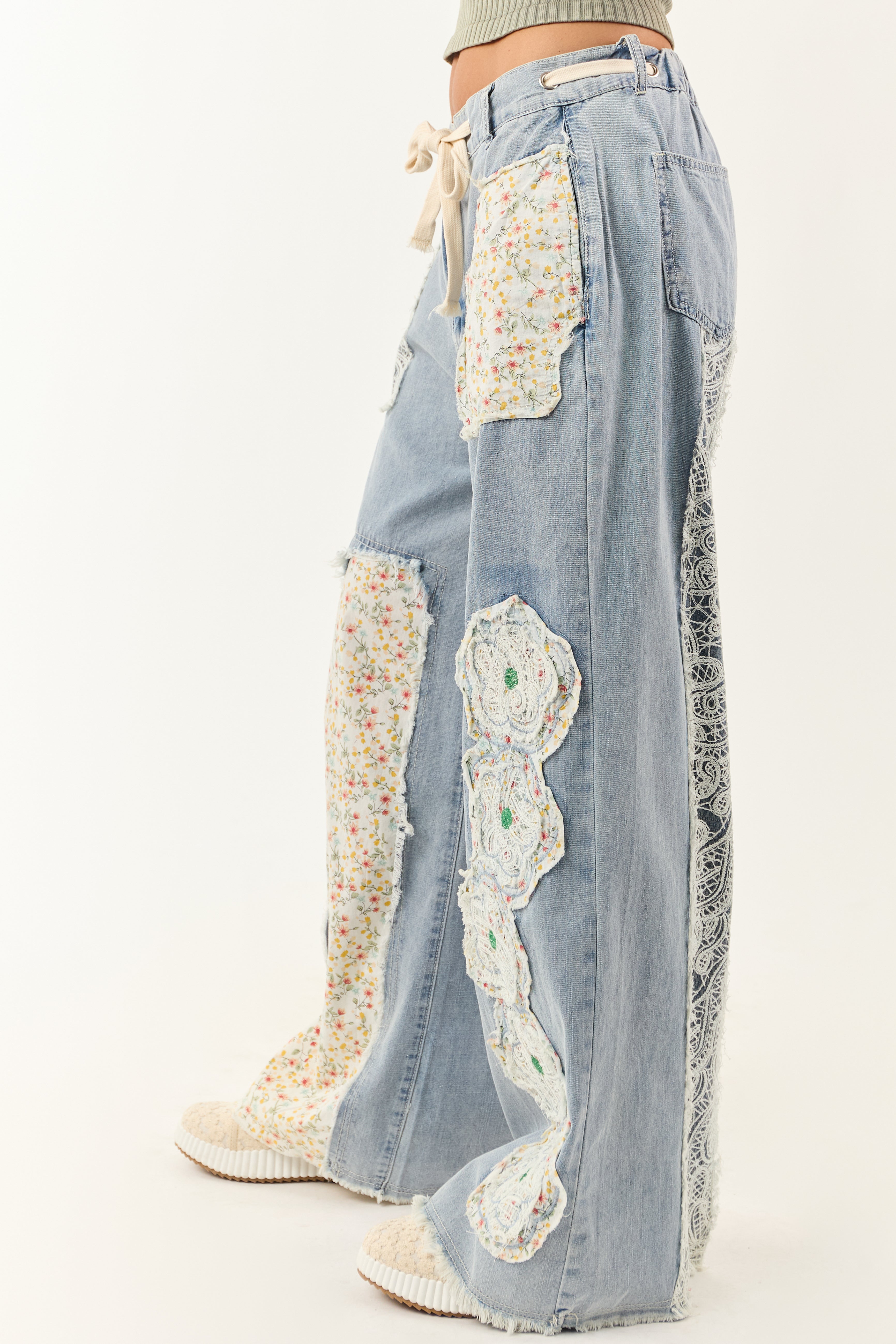 POL Light Wash Floral Patchwork Denim Pants