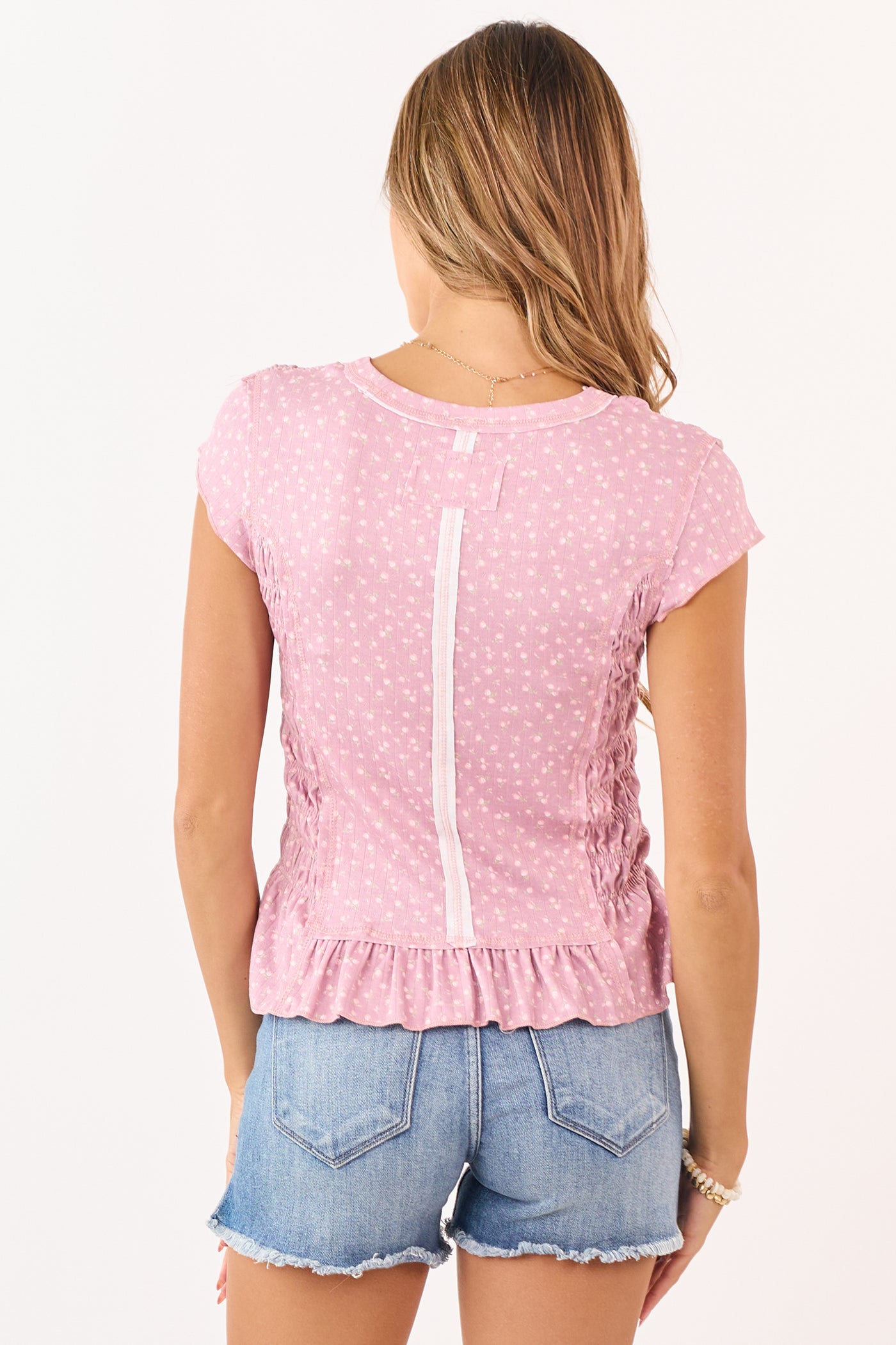 POL Mauve Floral Print Smocked Cap Sleeve Top
