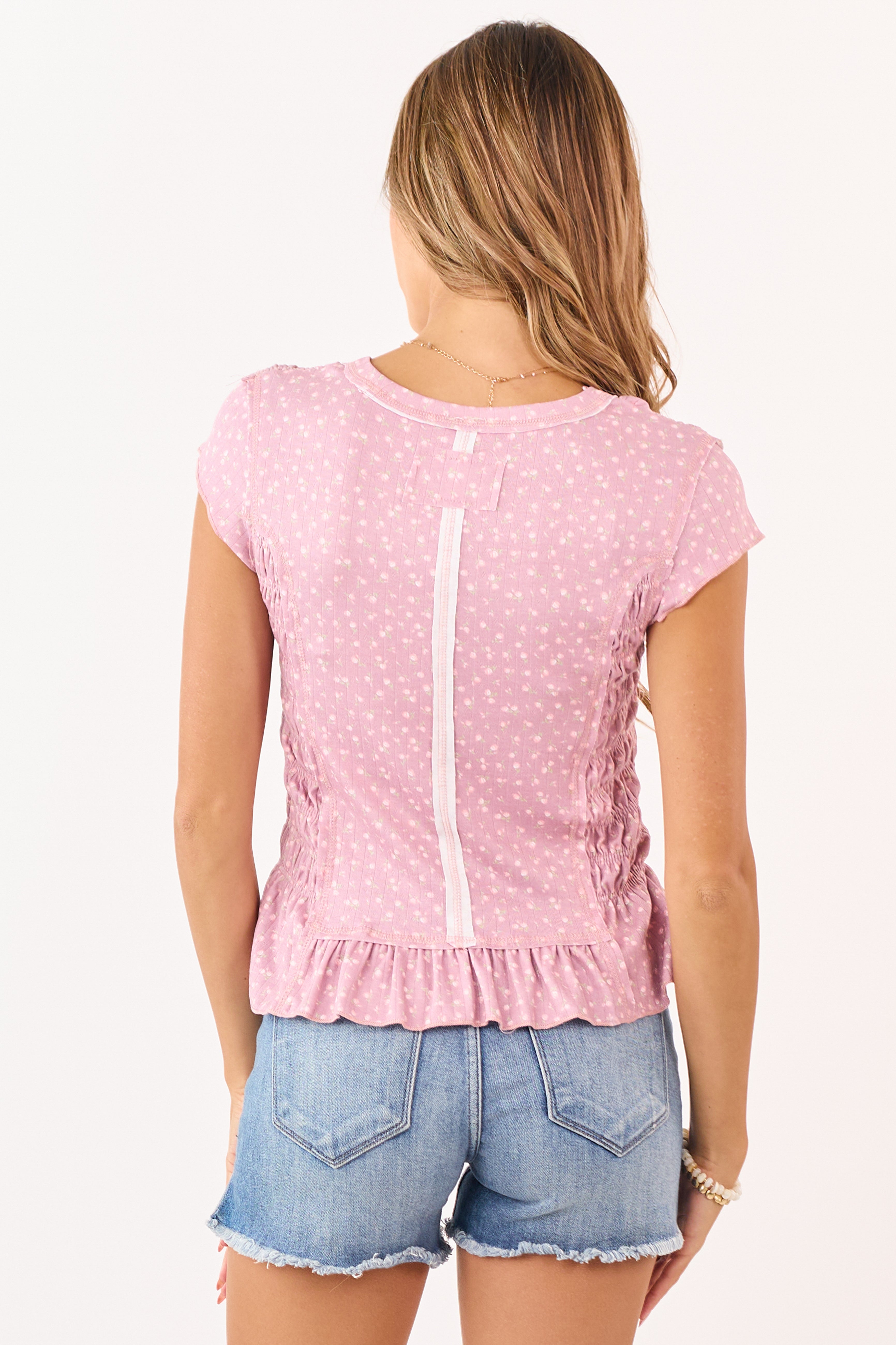 POL Mauve Floral Print Smocked Cap Sleeve Top