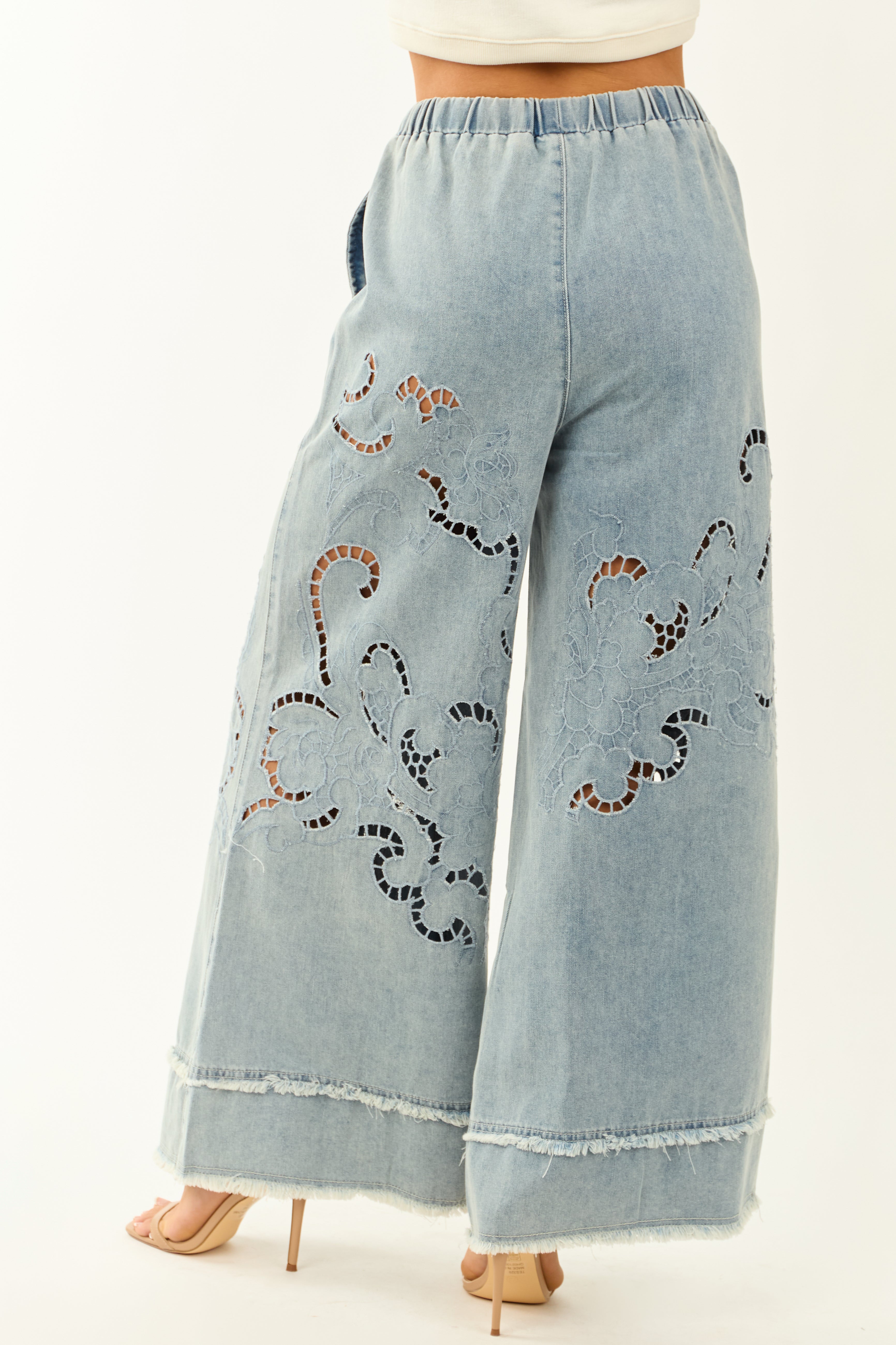 POL Medium Wash Open Embroidered Wide Leg Pants