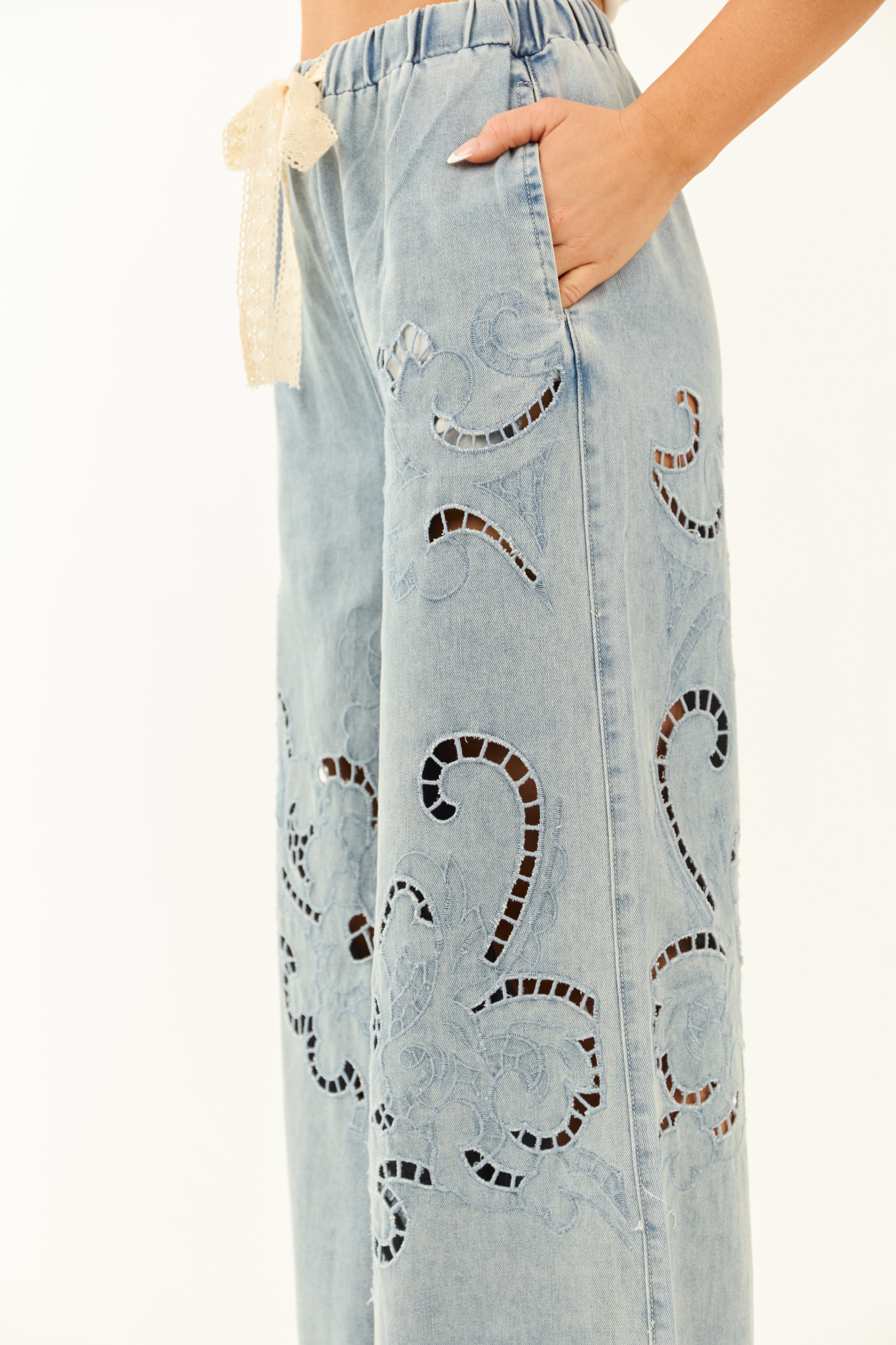 POL Medium Wash Open Embroidered Wide Leg Pants