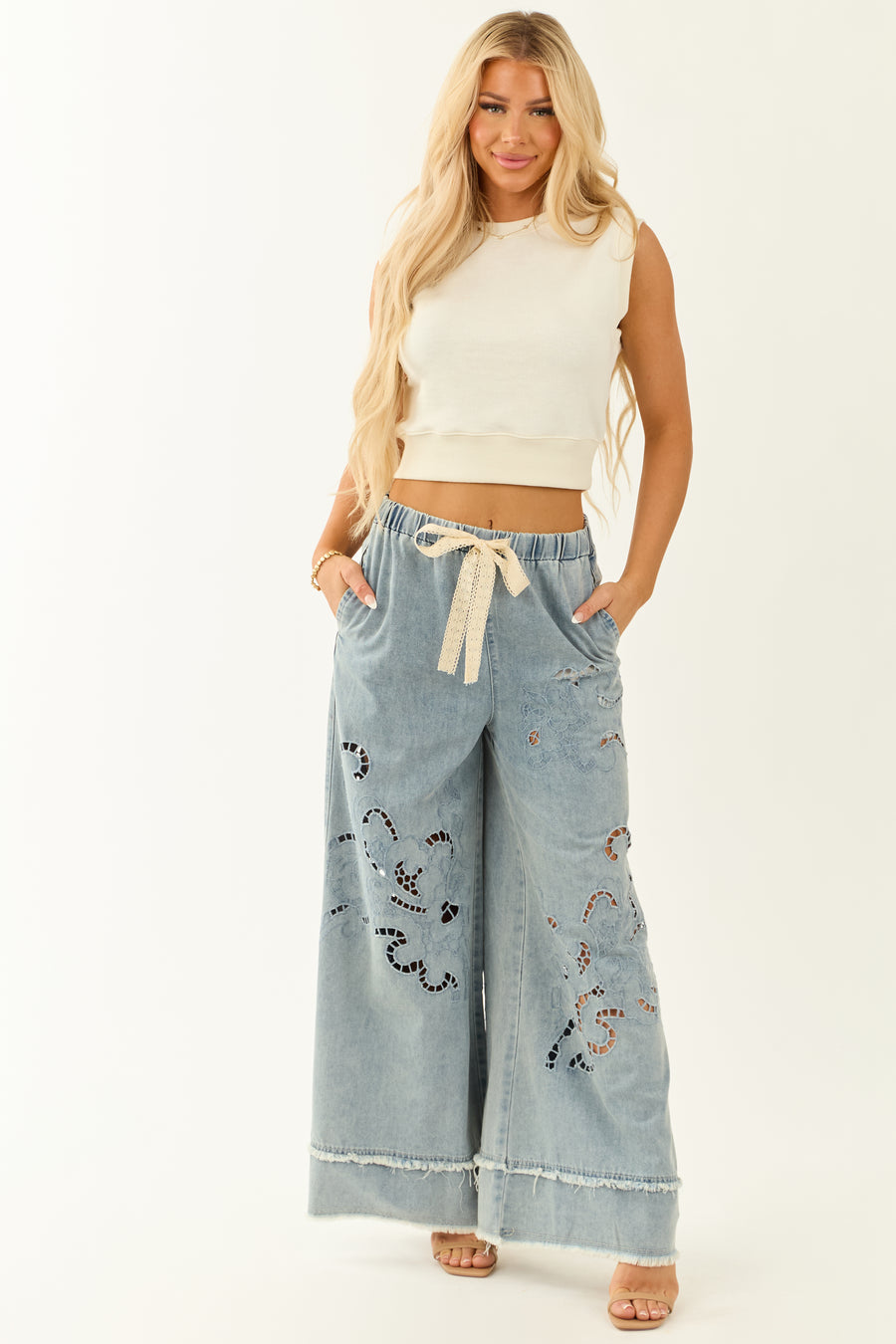 POL Medium Wash Open Embroidered Wide Leg Pants
