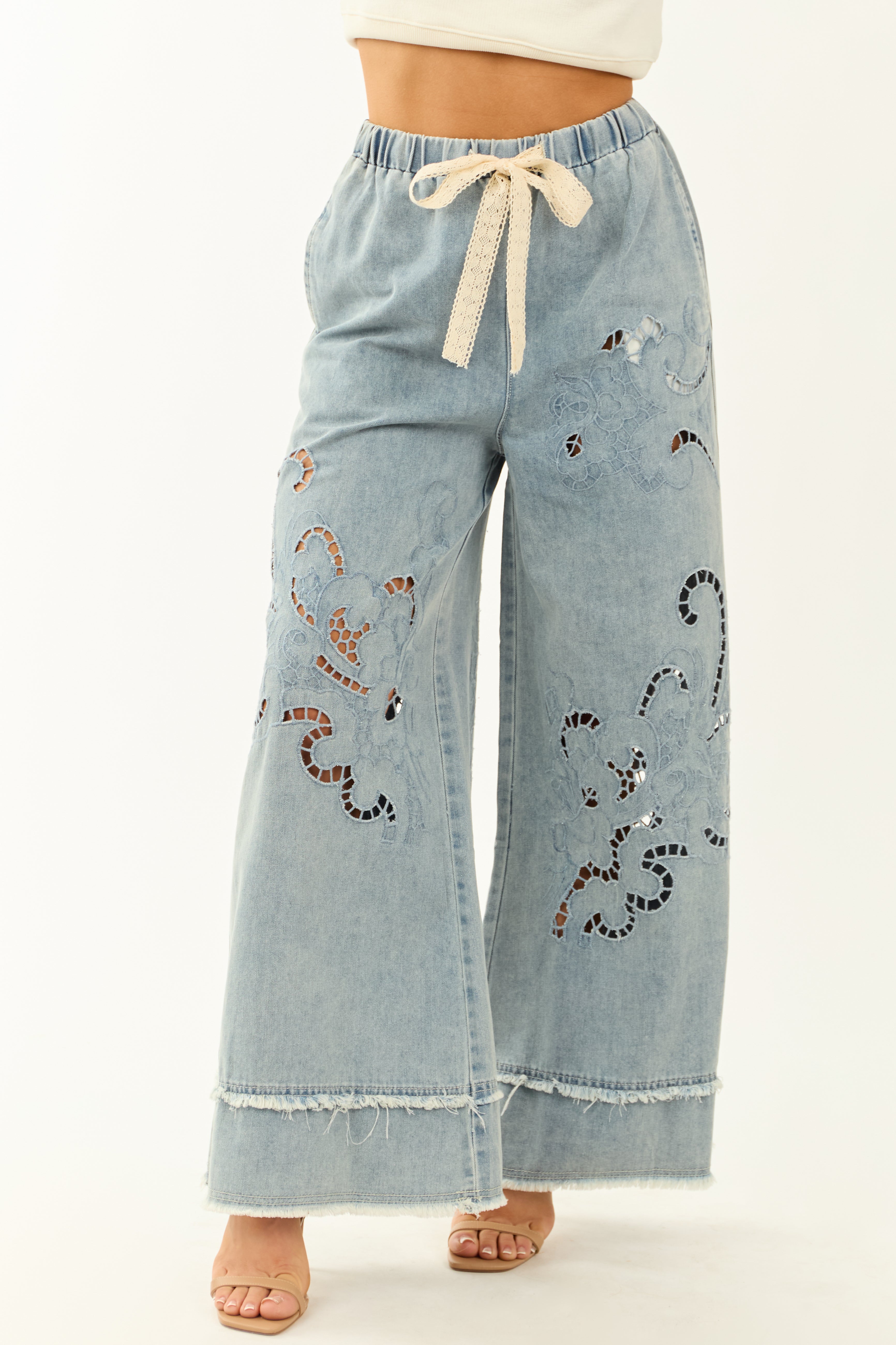 POL Medium Wash Open Embroidered Wide Leg Pants