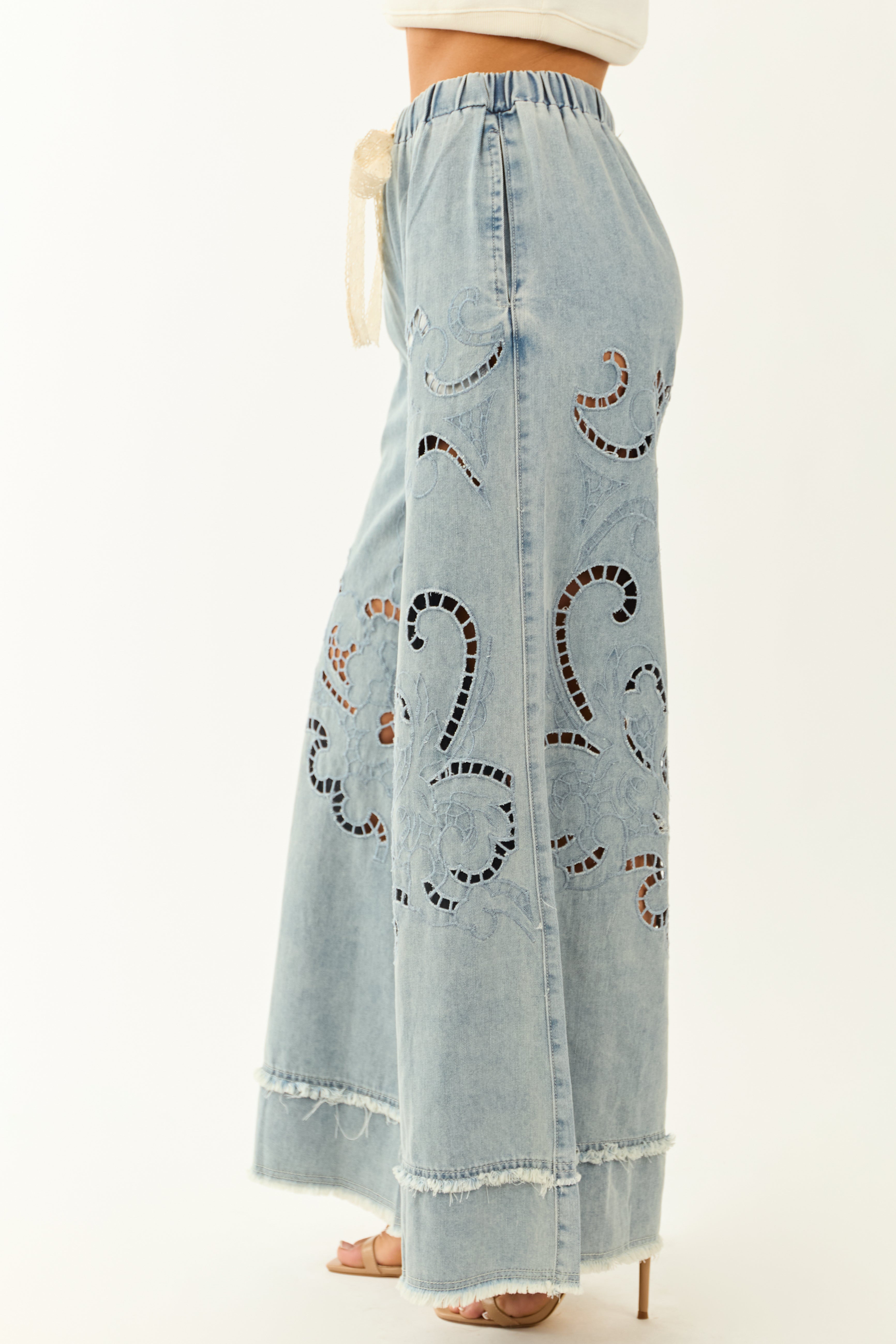 POL Medium Wash Open Embroidered Wide Leg Pants